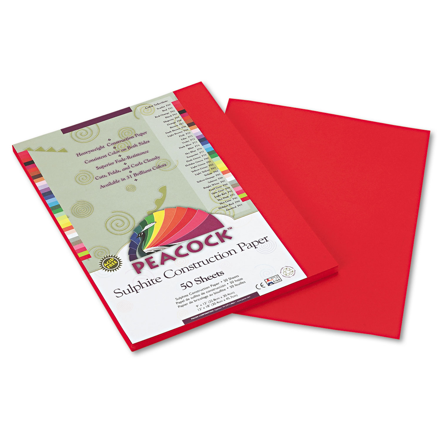 Peacock Sulphite Construction Paper, 76 lbs, 9 x 12, Holiday Red, 50 Sheets/Pack