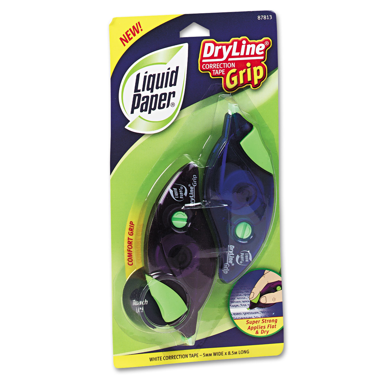  Paper Mate Liquid Paper 87813 DryLine Grip Correction Tape, 1/5 x 335, Blue/Purple Dispensers, 2/Pack (PAP87813) 