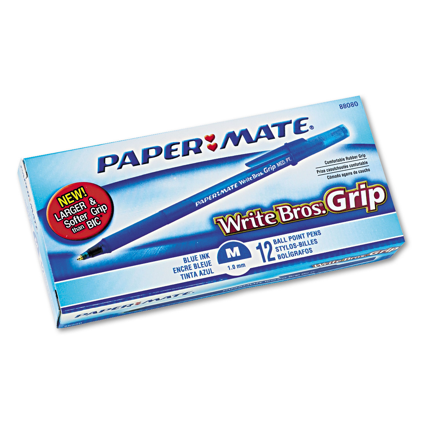  Paper Mate 8808087 Write Bros. Grip Stick Ballpoint Pen, 1mm, Blue Ink, Translucent Blue Barrel, Dozen (PAP8808087) 