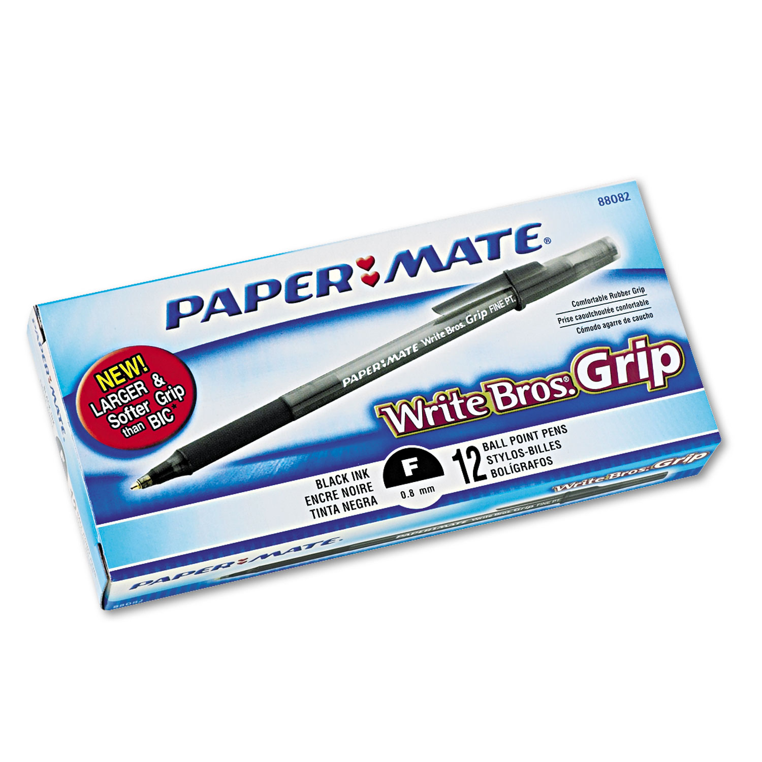 Write Bros Grip Ballpoint Stick Pen, Black Ink, Fine, Dozen
