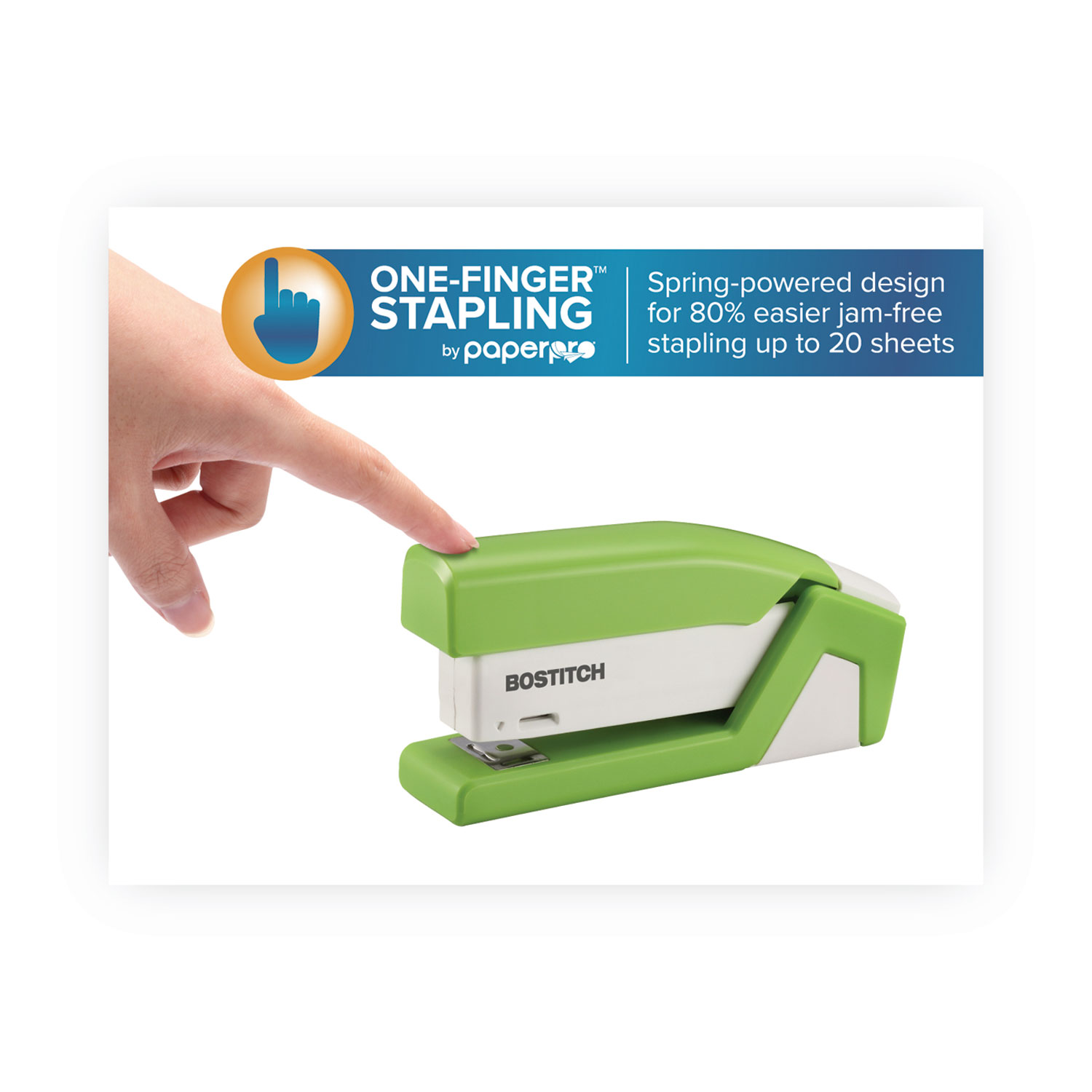 InJoy Spring-Powered Compact Stapler, 20-Sheet Capacity, Green - SUPPLY66