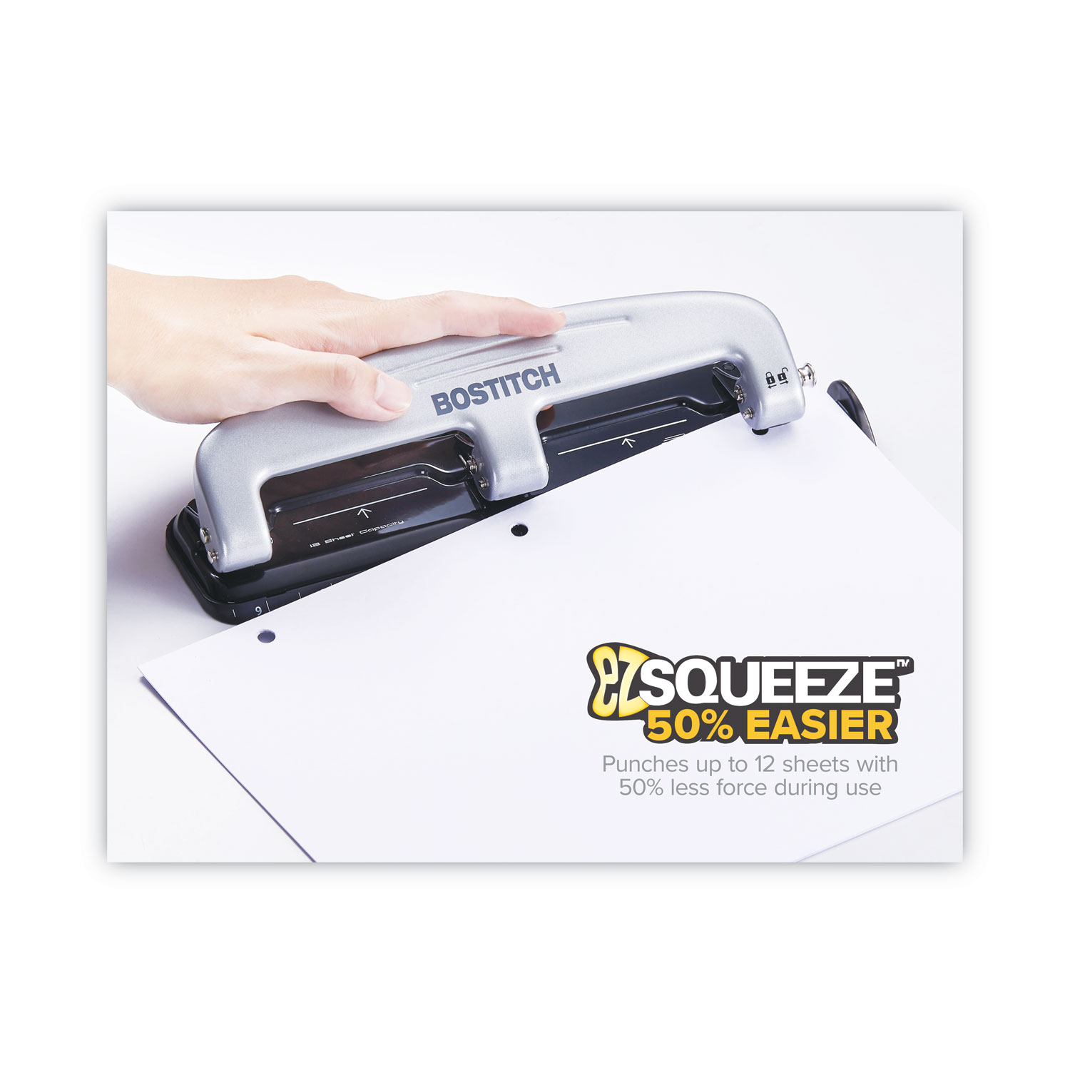 Bostitch EZ Squeeze Three Hole Punch 12 Sheet Capacity Blue
