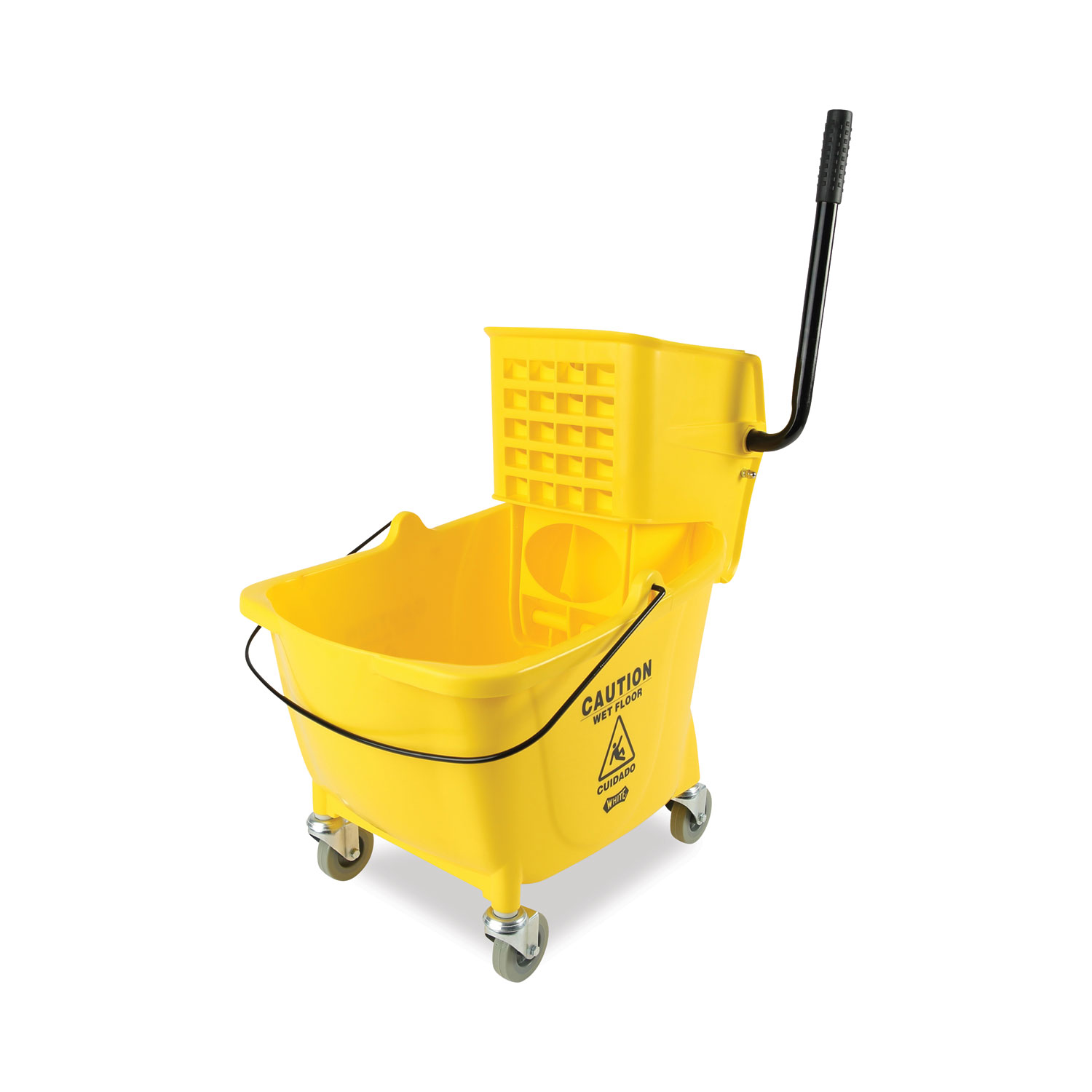 Yellow Mop Bucket with Wringer, Handle, and Wheels