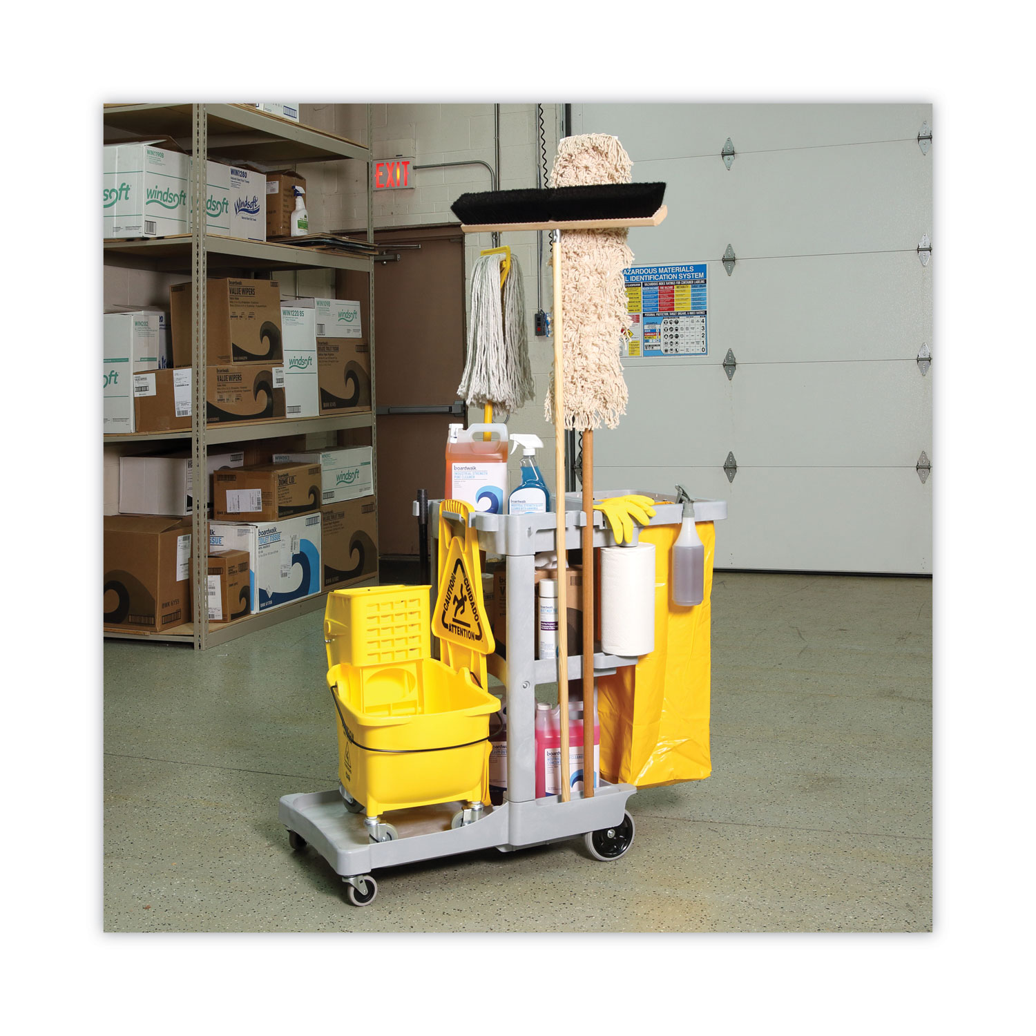 Janitor's Cart, Plastic, 4 Shelves, 1 Bin, 22 x 44 x 38, Gray