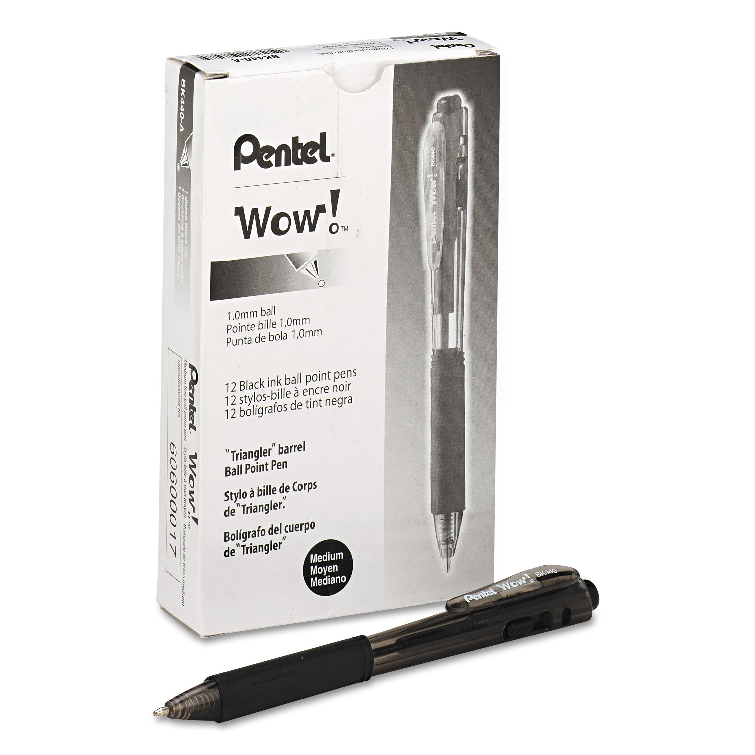 WOW! Retractable Ballpoint Pen, Medium 1mm, Black Ink/Barrel, Dozen