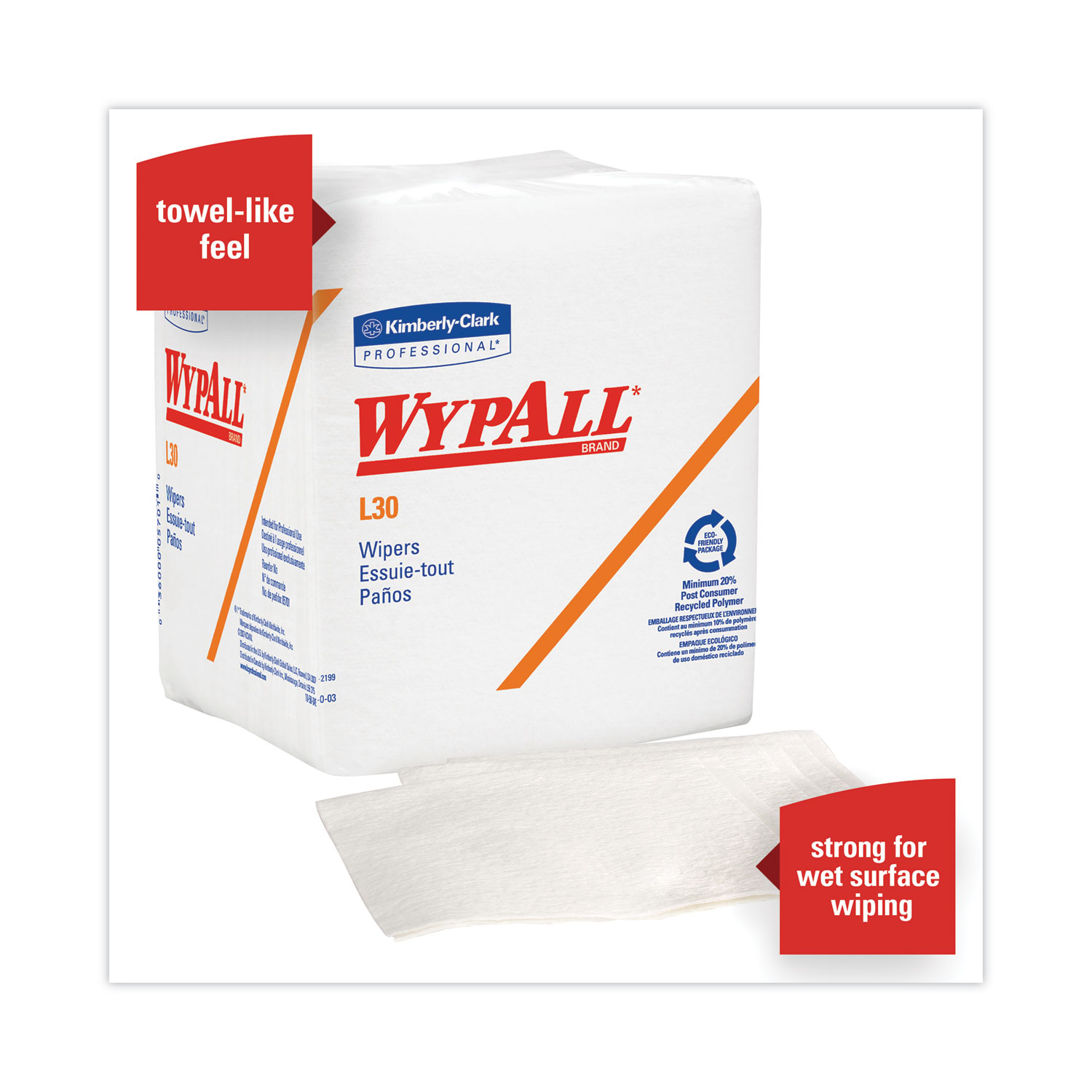 WypAll® L30 Towels, Quarter Fold, 12.5 x 12, 90/Polypack, 12 Polypacks ...