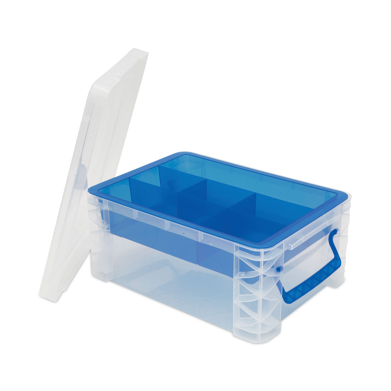 Super Stacker Divided Storage Box, 6 Sections, 10.38 x 14.25 x 6.5,  Clear/Blue - mastersupplyonline