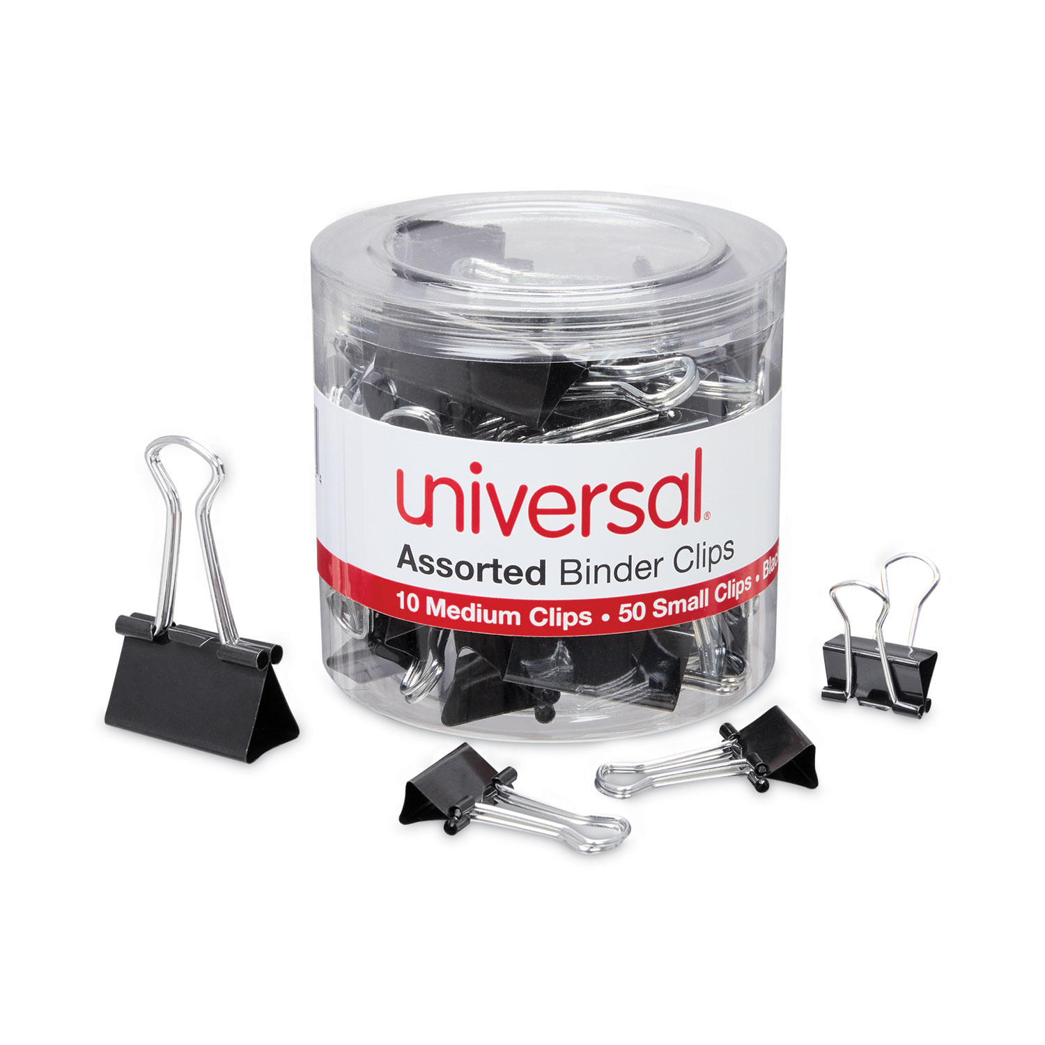 Universal Binder Clips In Dispenser Tub 60/Pack Assorted Sizes Black/Silver 