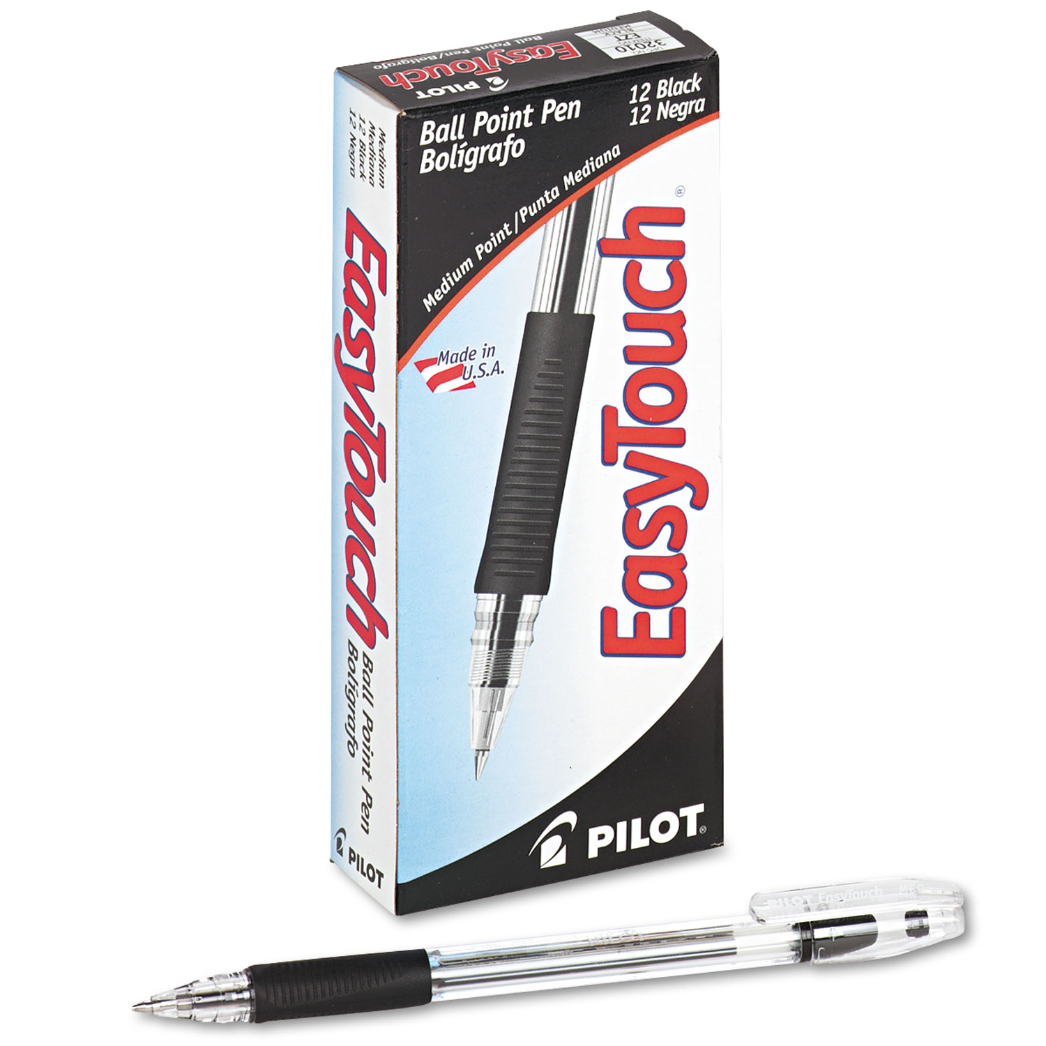  Pilot 32010 EasyTouch Stick Ballpoint Pen, Medium 1mm, Black Ink, Clear Barrel, Dozen (PIL32010) 
