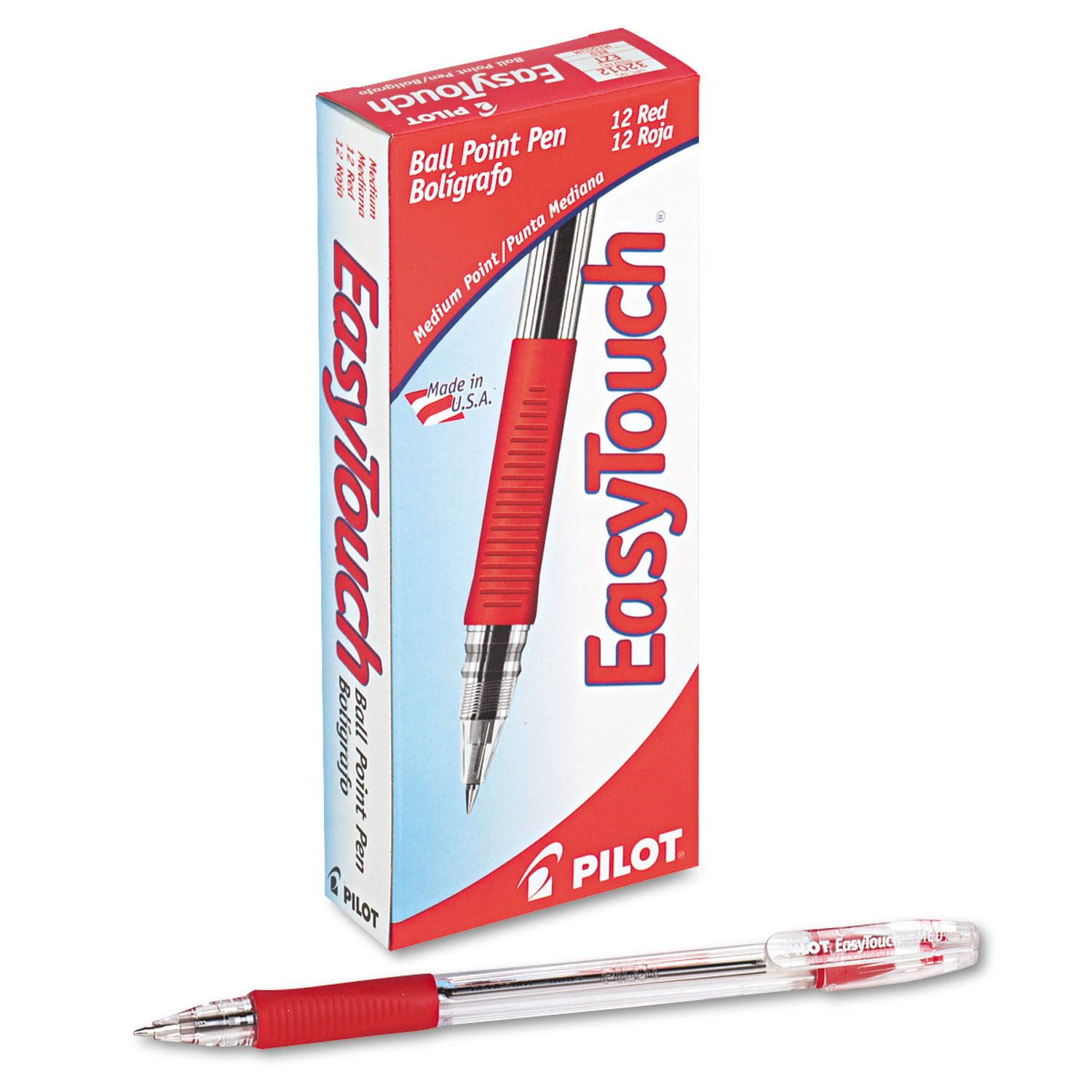  Pilot 32012 EasyTouch Stick Ballpoint Pen, Medium 1mm, Red Ink, Clear Barrel, Dozen (PIL32012) 
