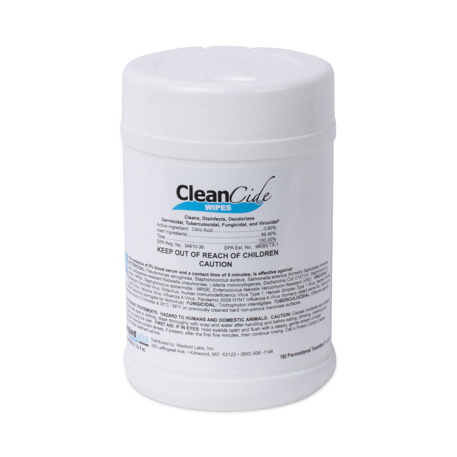 Wexford Labs CleanCide Disinfecting Wipes, 1Ply, 6.5 x 6, Fresh Scent