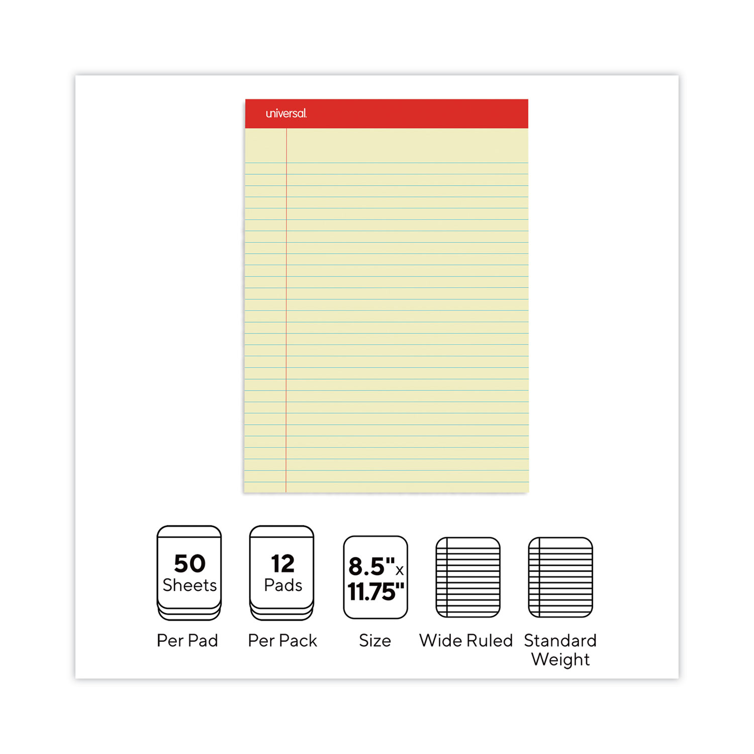 Perforated Ruled Writing Pads, Wide/Legal Rule, Red Headband, 50