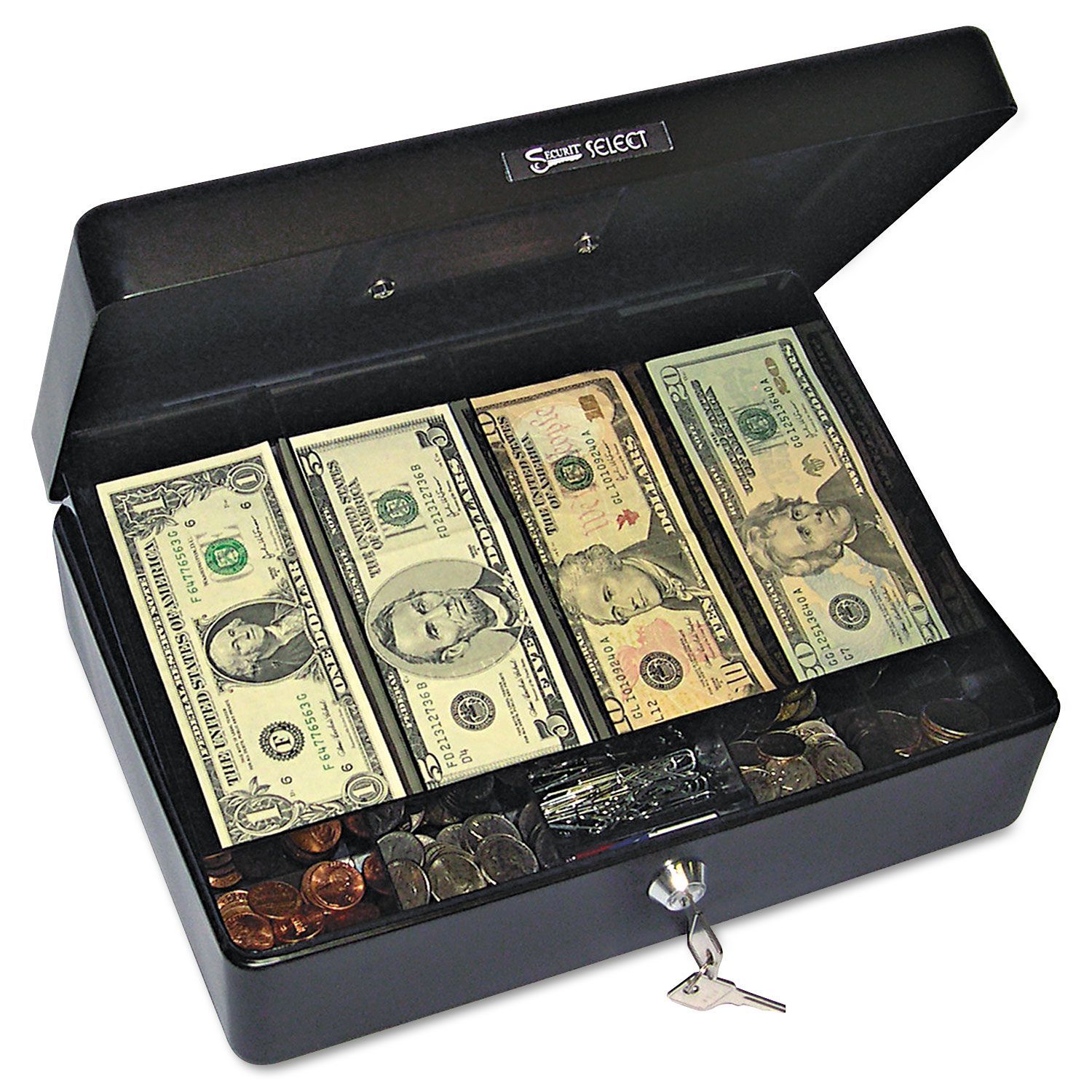Select Spacious Size Cash Box, 9-Compartment Tray, 2 Keys, Black w/Silver Handle