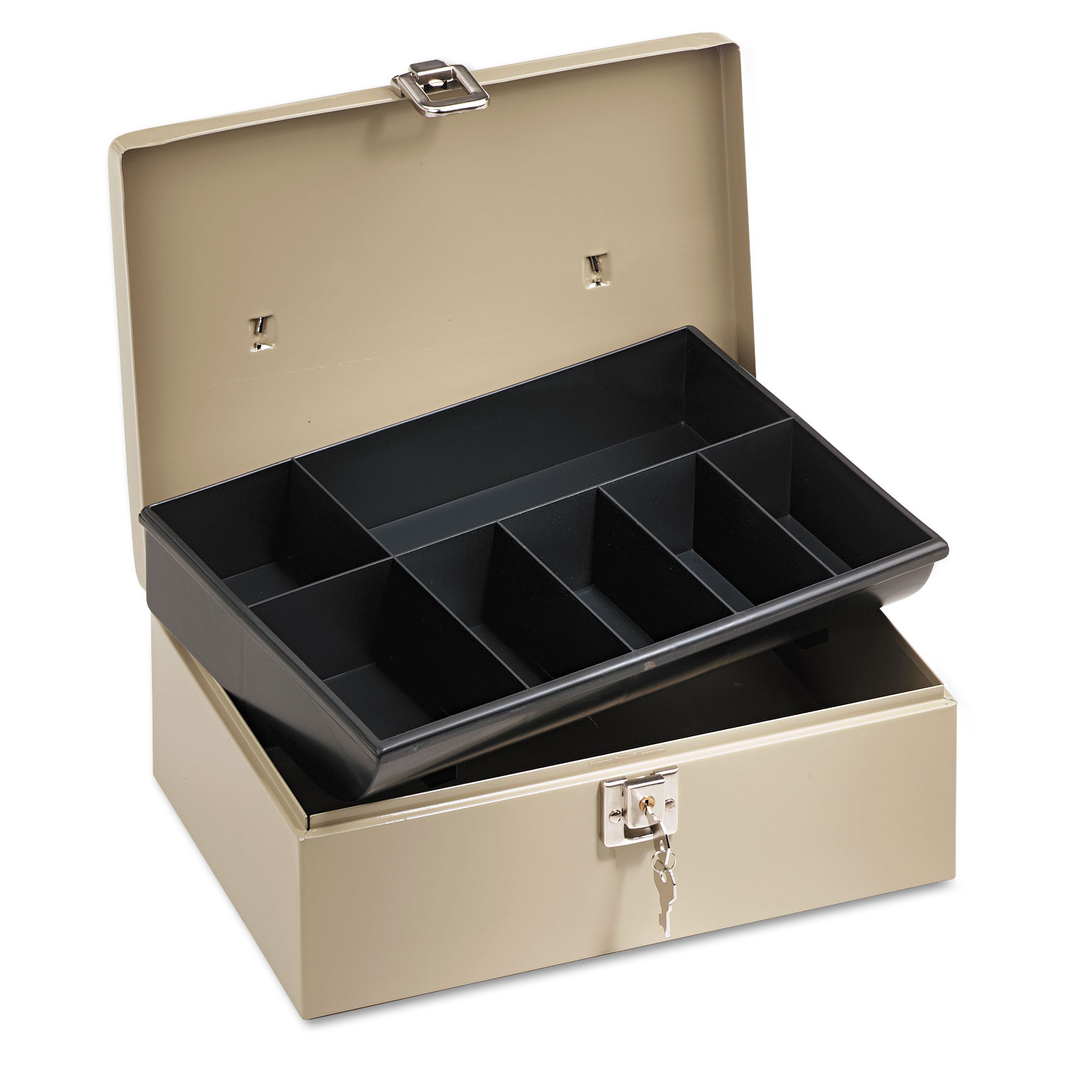 Lockn Latch Steel Cash Box w/7 Compartments, Key Lock, Pebble Beige