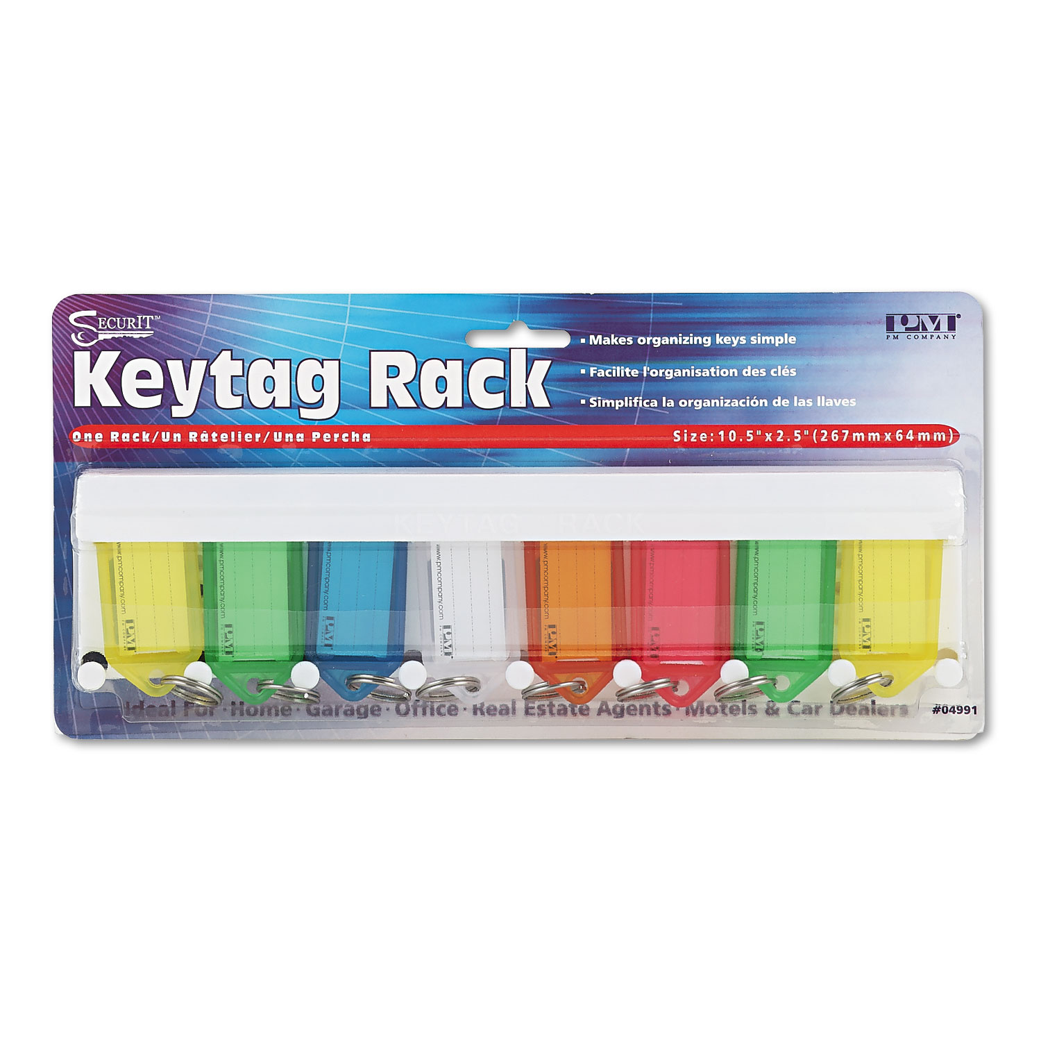 Color-Coded Key Tag Rack, 8-Key, Plastic, White, 10 1/2 x 1/4 x 2 1/2