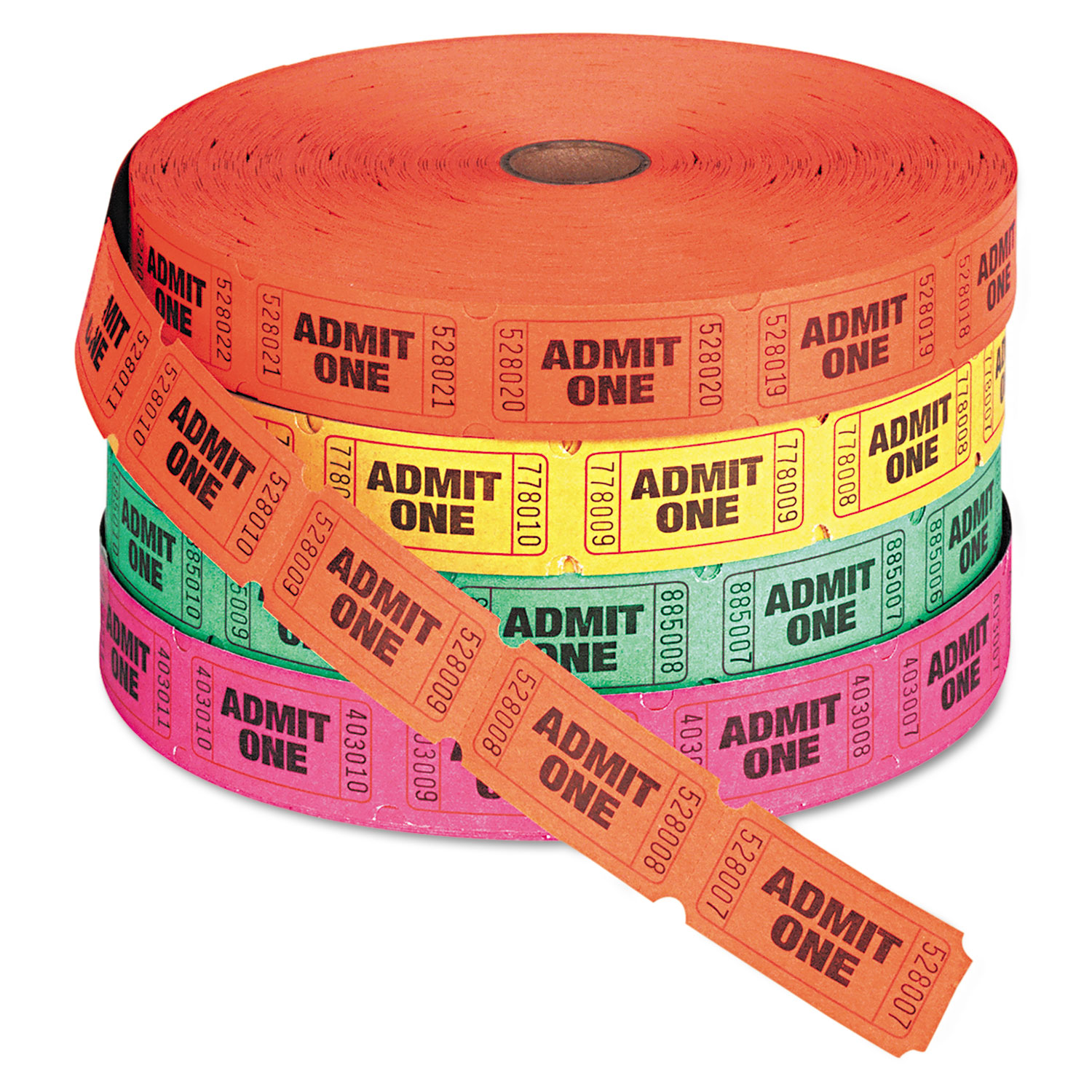 Admit One Single Ticket Roll, Numbered, Assorted, 2000/Roll, 4 Rolls/Pack