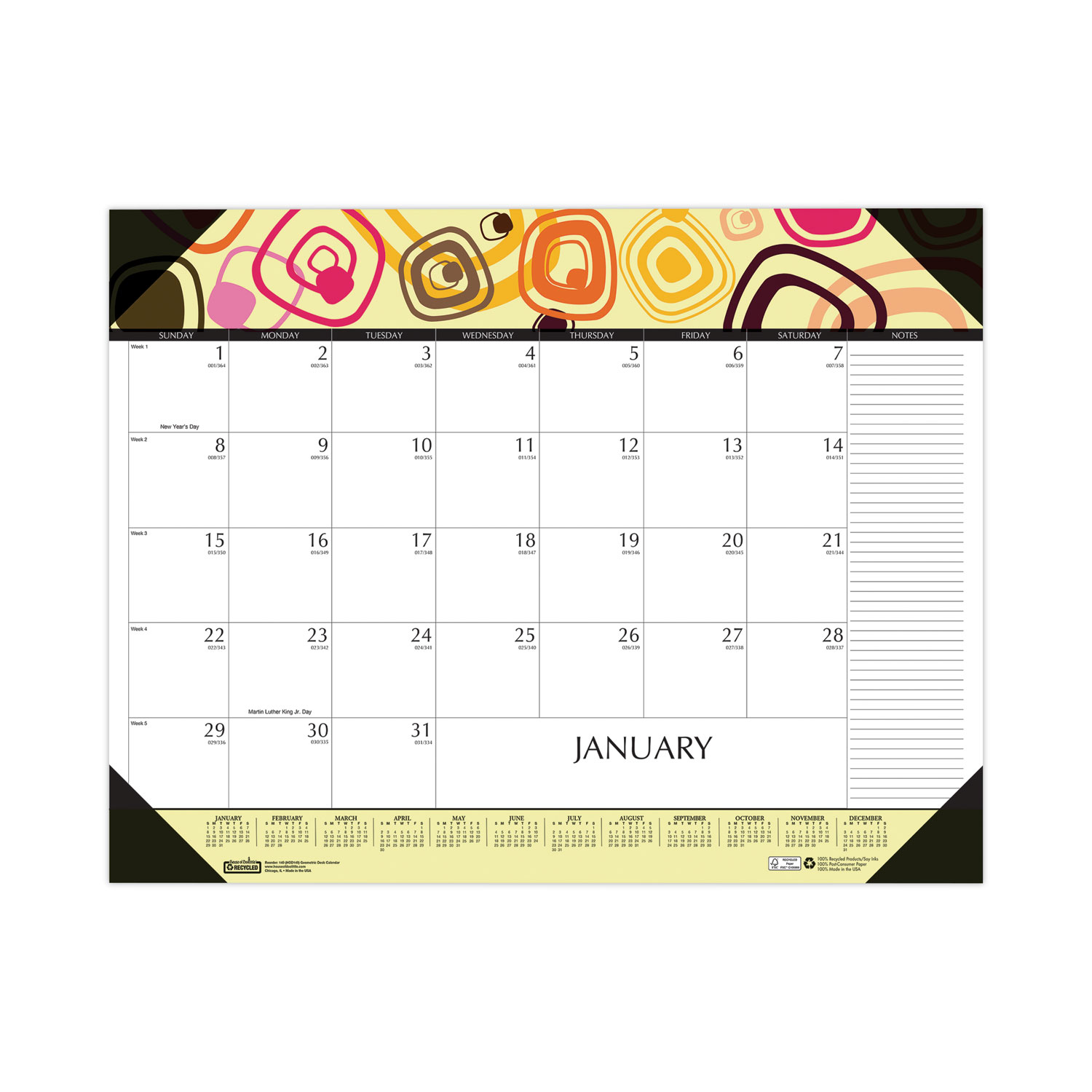 Recycled Desk Pad Calendar, Geometric Artwork, 22 x 17, White Sheets, Black Binding/Corners,12-Month (Jan to Dec): 2025