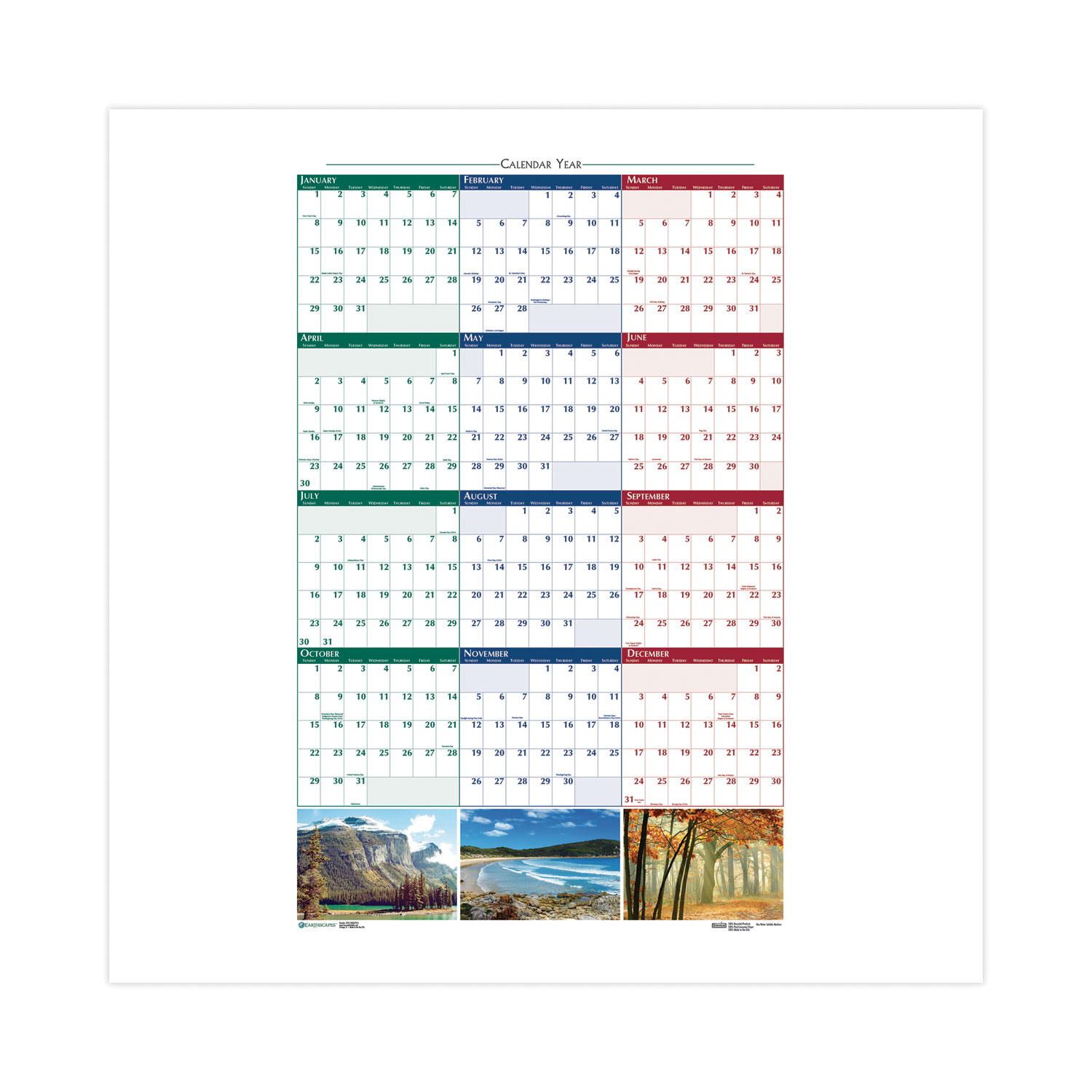 Earthscapes Recycled Reversible/Erasable Yearly Wall Calendar, Nature