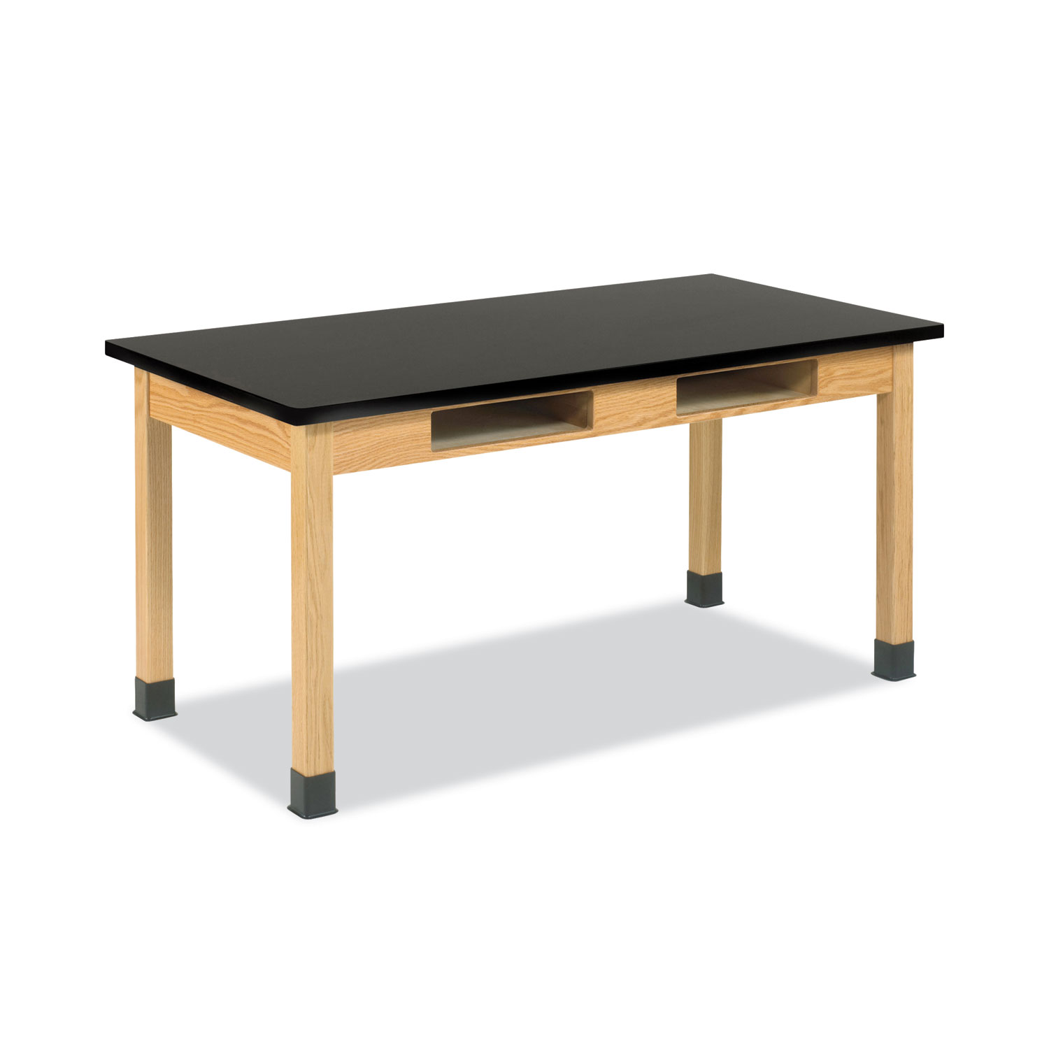 Classroom Book Compartment Science Table, 72w x 24d x 30h, Black Epoxy Resin Top, Oak Base