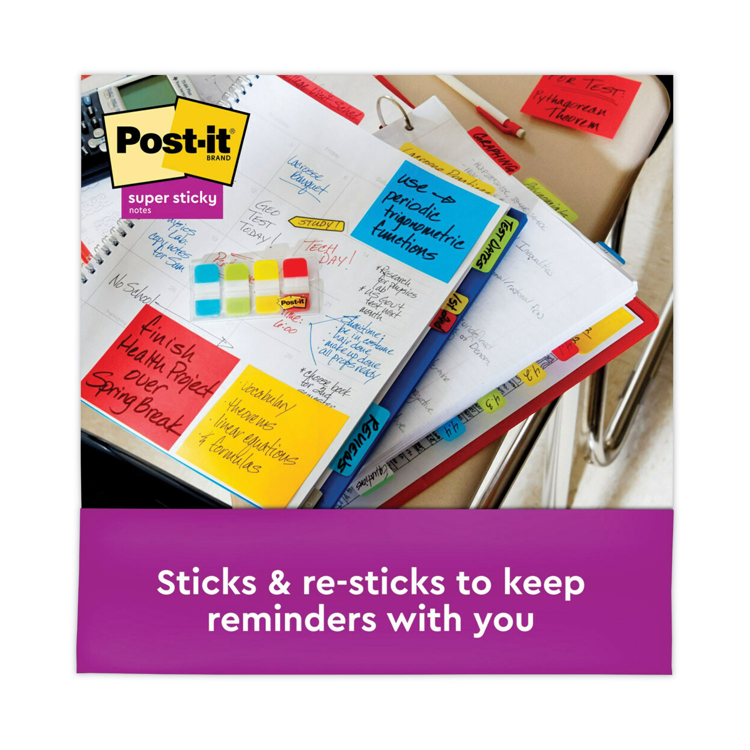 Post-it® Super Sticky Notes, 3 in x 3 in, Primary Colors, 5 Pads/Pack