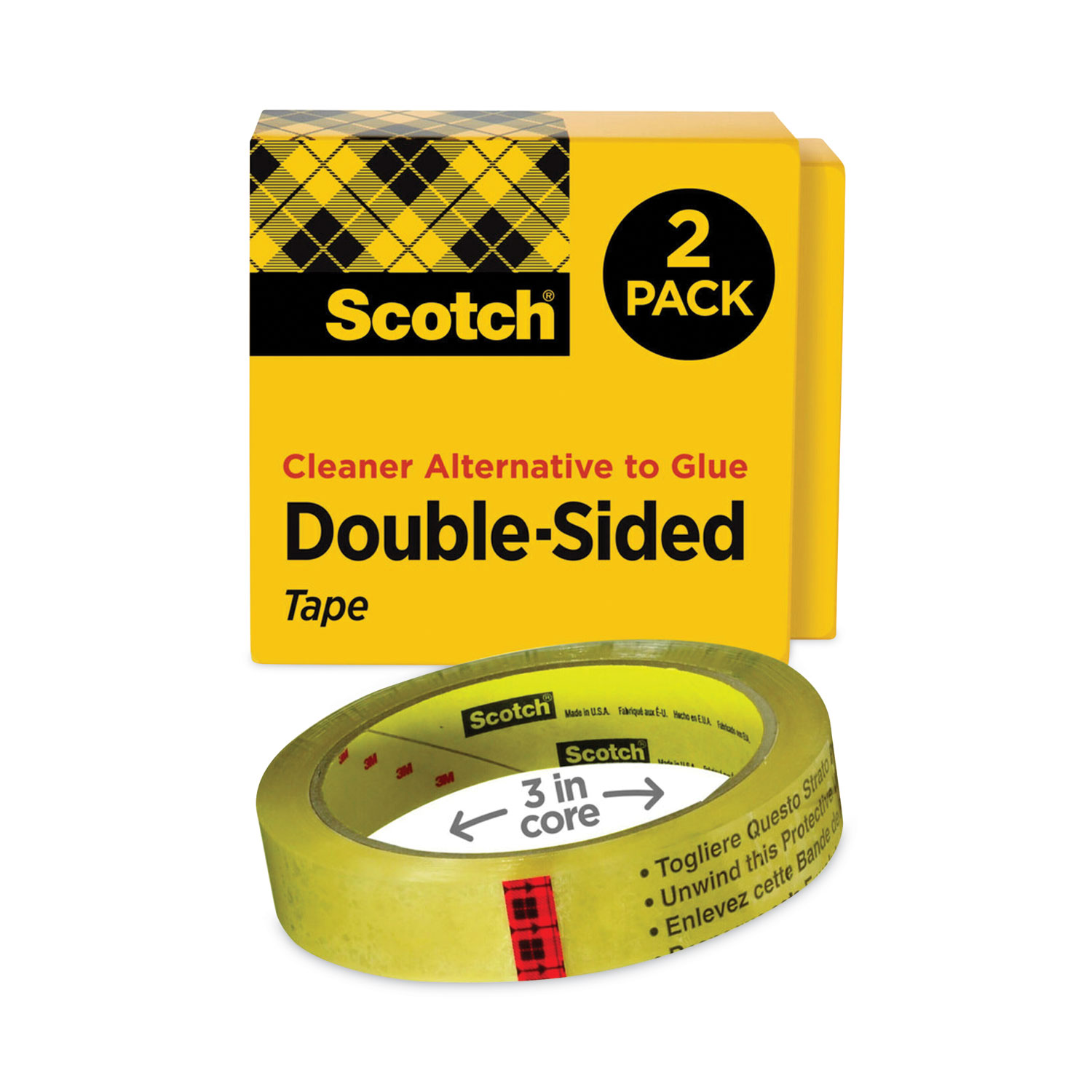 Double-Sided Tape, 3″ Core, 0.75″ x 36 yds, Clear, 2/Pack