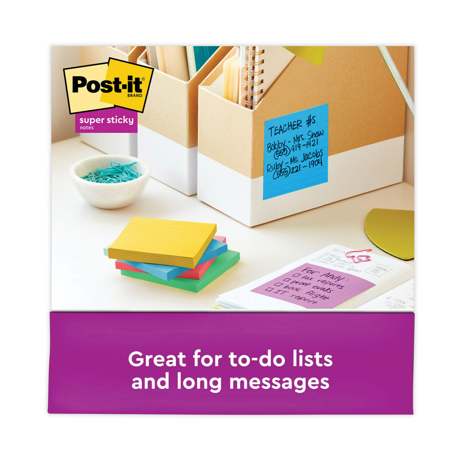 Post it Super Sticky Notes 4 in x 4 in 6 Pads 90 SheetsPad 2x the Sticking  Power Playful Primaries Colors Lined - Office Depot