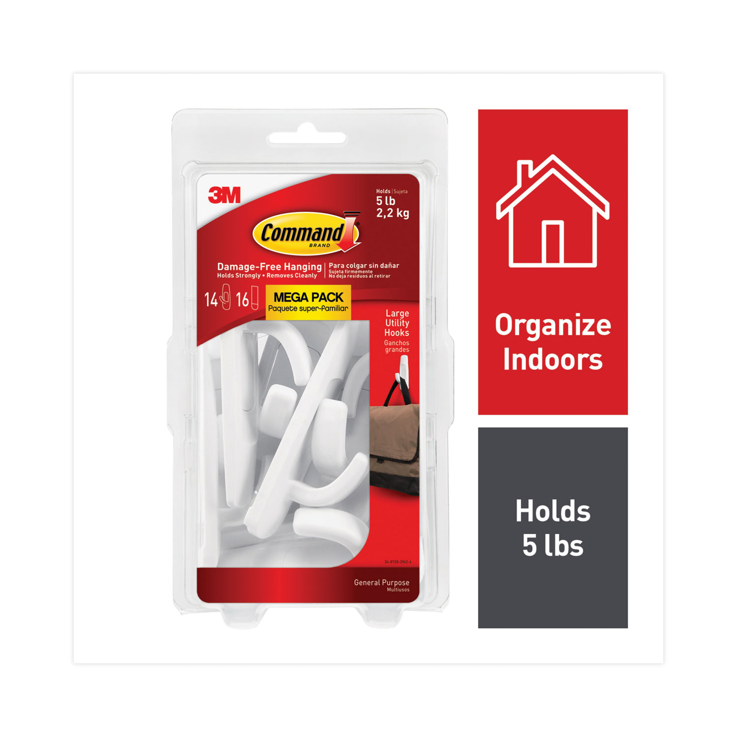 3M Medium Hook In Reclosable Package, Adhesive, No Surface Damage, 3-lb  Capacity