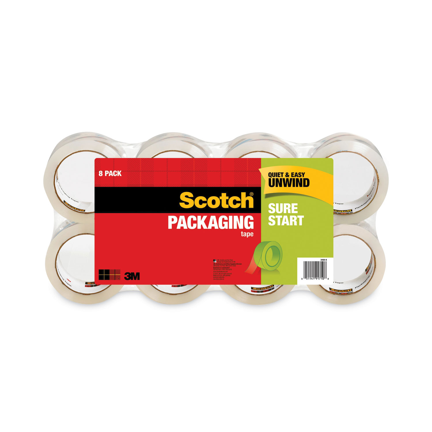 Sure Start Packaging Tape, 3″ Core, 1.88″ x 54.6 yds, Clear, 8/Pack