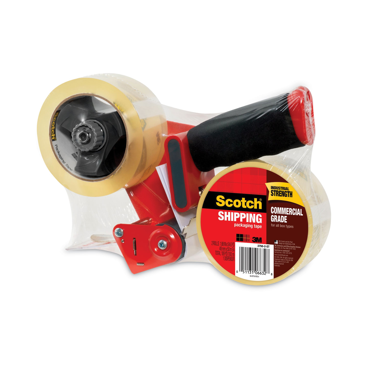 Packaging Tape Dispenser with Two Rolls of Tape, 3 Core, For Rolls Up to  0.75 x 60 yds, Red - mastersupplyonline