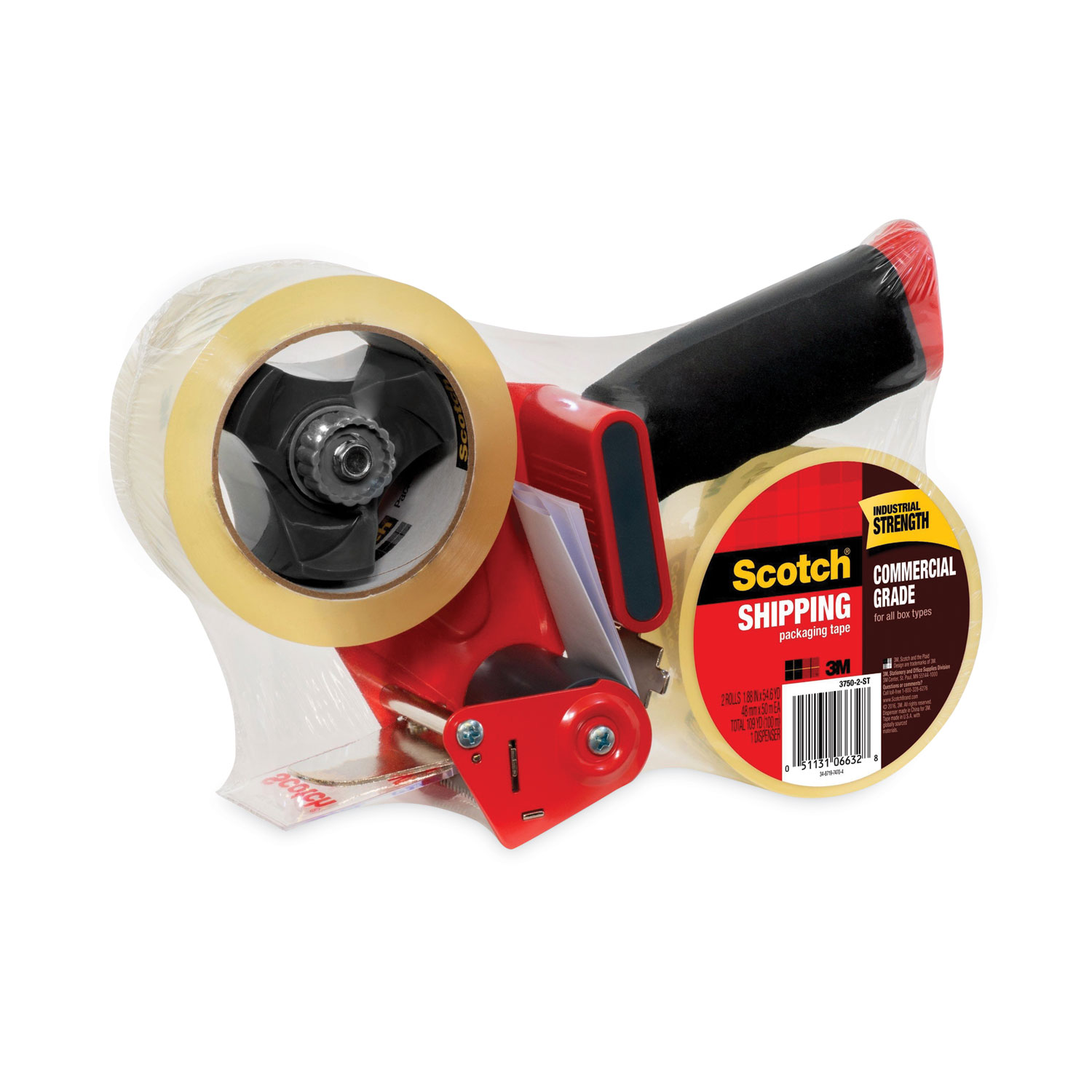 Packaging Tape Dispenser with Two Rolls of Tape, 3 Core, For Rolls Up to  0.75 x 60 yds, Red