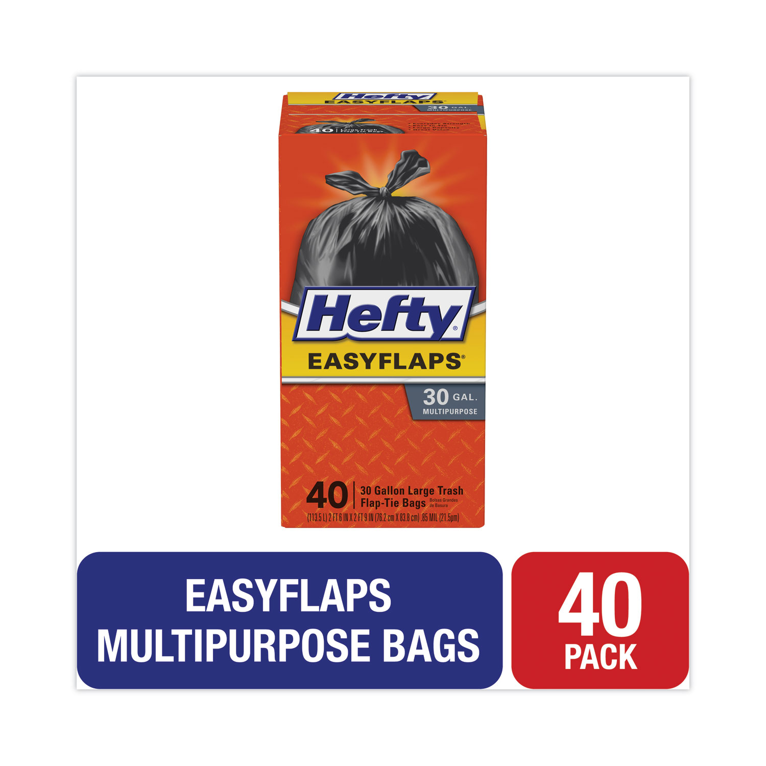 Hefty Easy Flaps Trash Bags, 30gal, Black