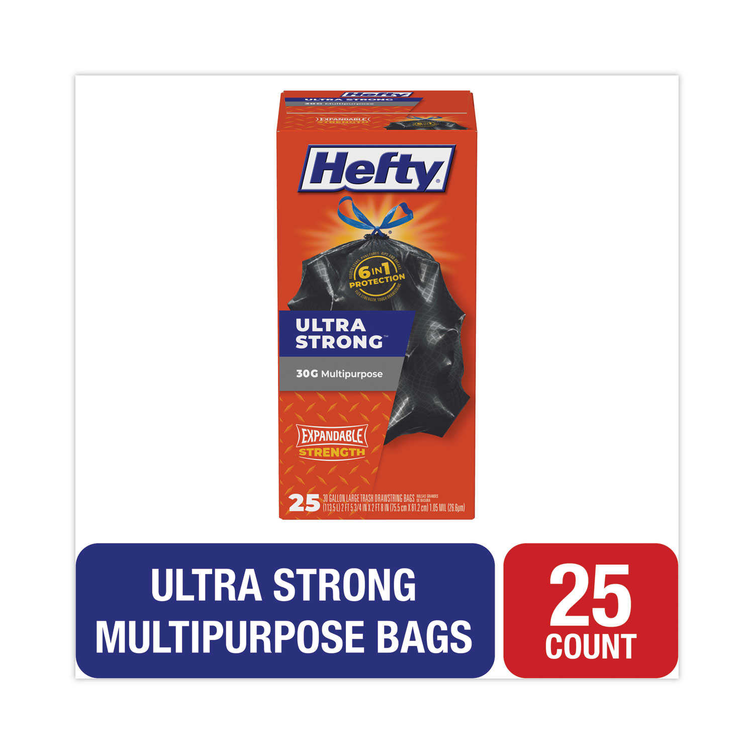 Hefty Ultra Strong Multipurpose Large Trash Bags, Black, Unscented Scent,  30 Gallon, 25 Count (Pack of 6), 150 Total