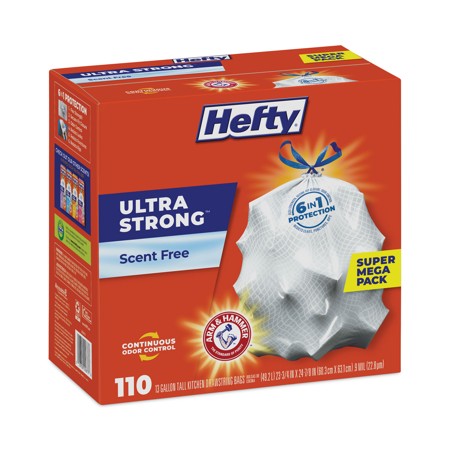 Hefty Ultra Strong Tall Kitchen and Trash Bags, 13 gal, 0.9 mil, White, 40/bx, 6 Boxes/Carton