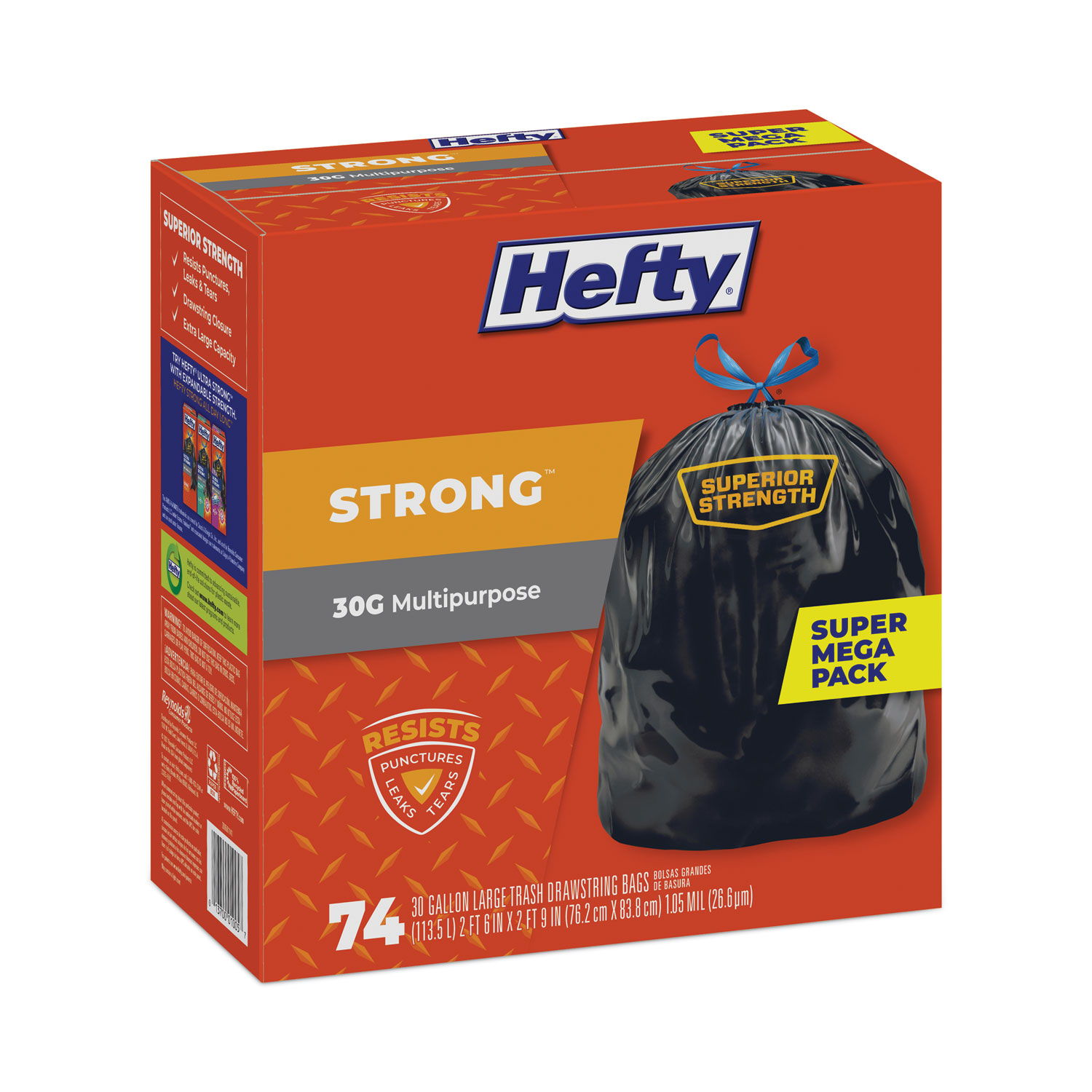 Hefty Ultra Strong Tall Kitchen and Trash Bags, 13 gal, 0.9 mil, White, 40/bx, 6 Boxes/Carton