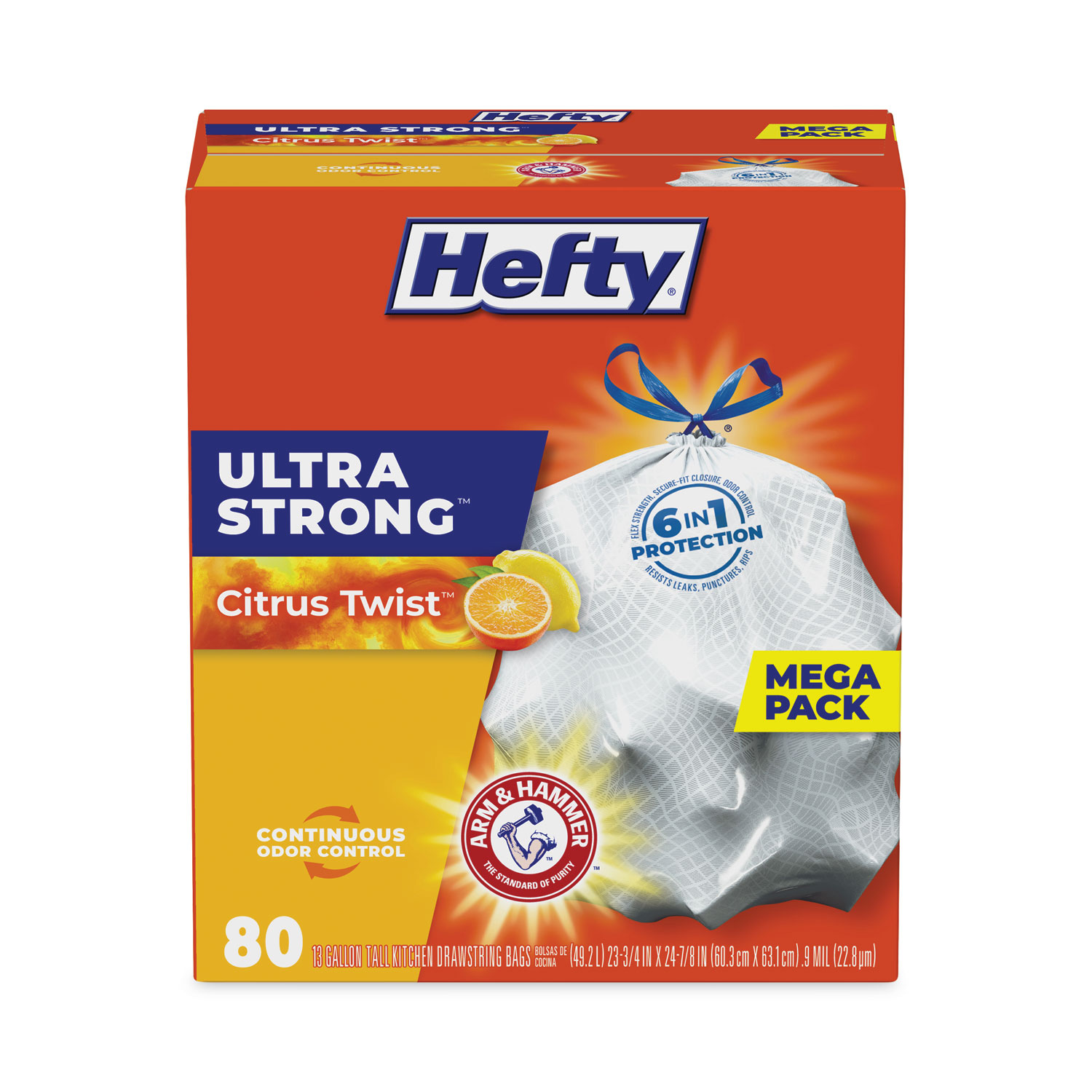 Hefty Ultra Strong Tall Kitchen Bags, Drawstring, Scent Free, 13 Gallon, Mega Pack - 80 bags