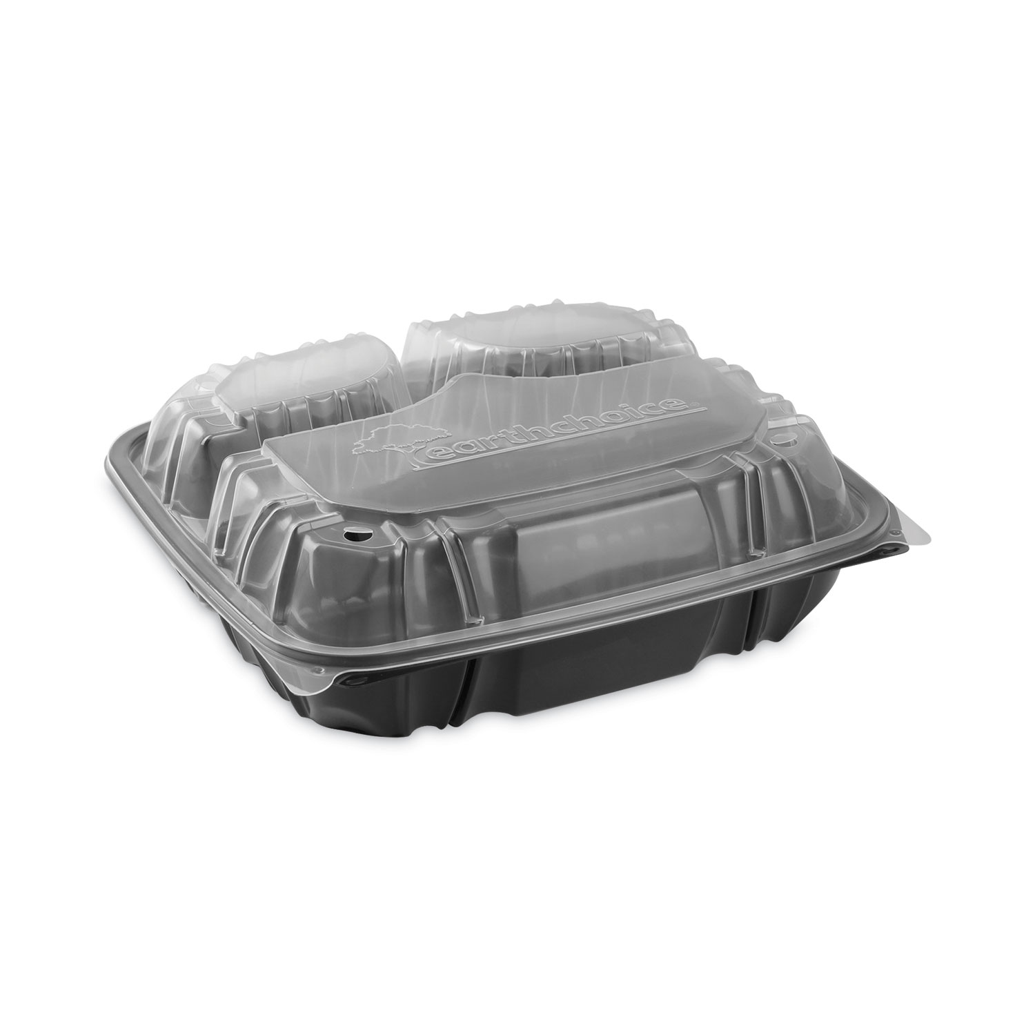 EarthChoice Vented Dual Color Microwavable Hinged Lid Container, 3-Comp Base/Lid, 34 oz, 10.5×9.5×3, Blk/Clr, Plastic, 132/CT