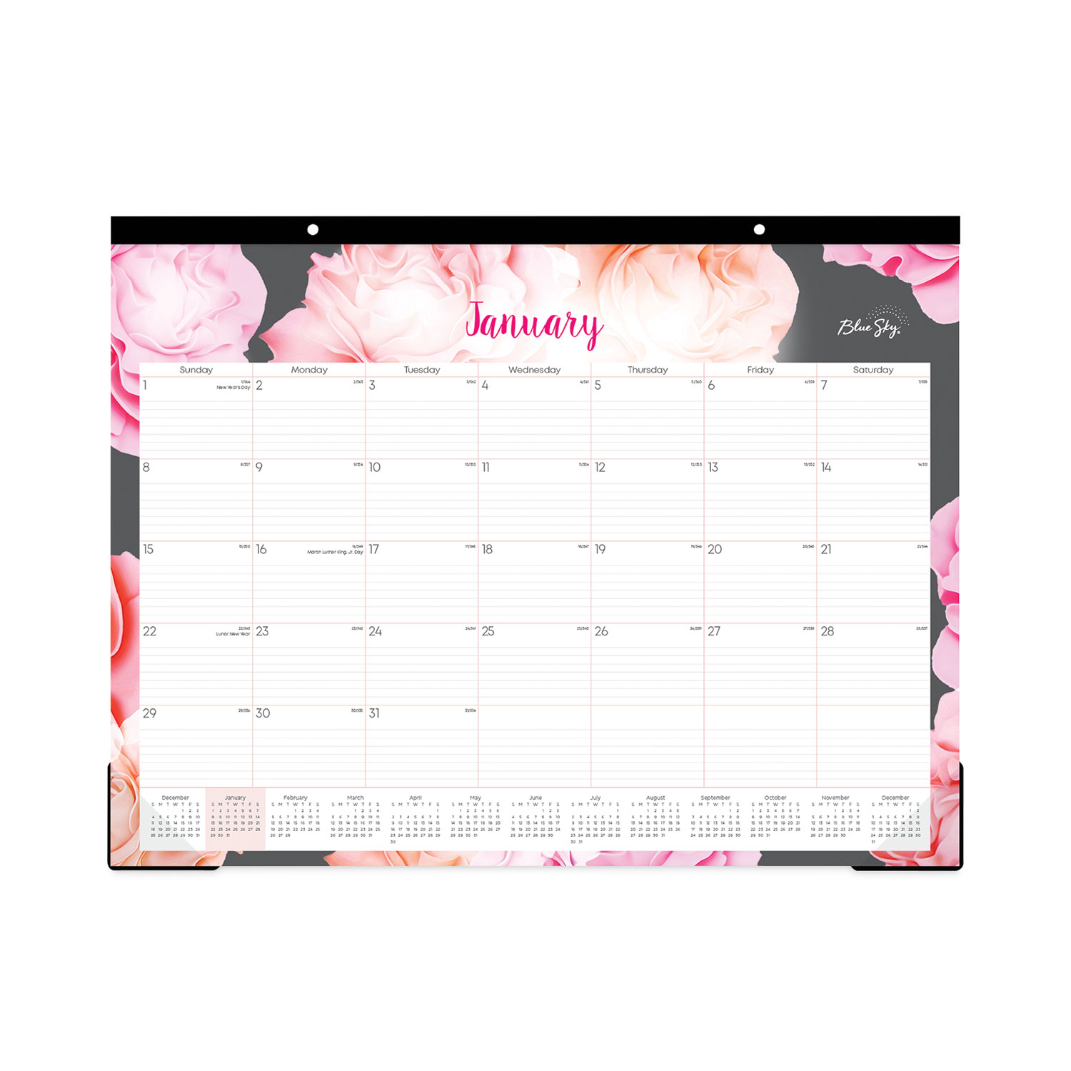 Joselyn Desk Pad, Rose Artwork, 22 x 17, White/Pink/Peach Sheets, Black Binding, Clear Corners, 12-Month (Jan to Dec): 2025