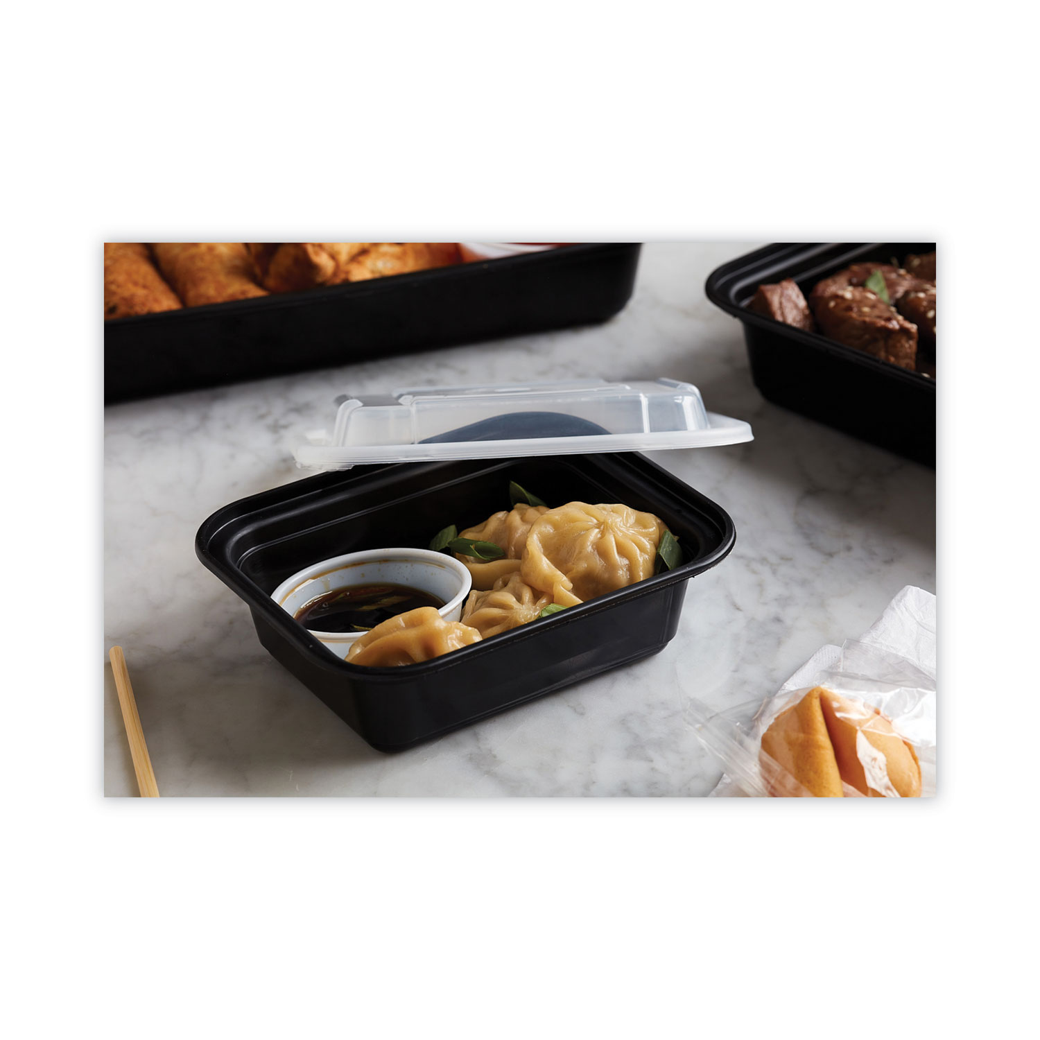 Pactiv Evergreen newspring versatainer microwavable containers,  rectangular, 2-compartment, 30 oz, 6 x 8.5 x 2.5, black/clear, plastic,  150/ct