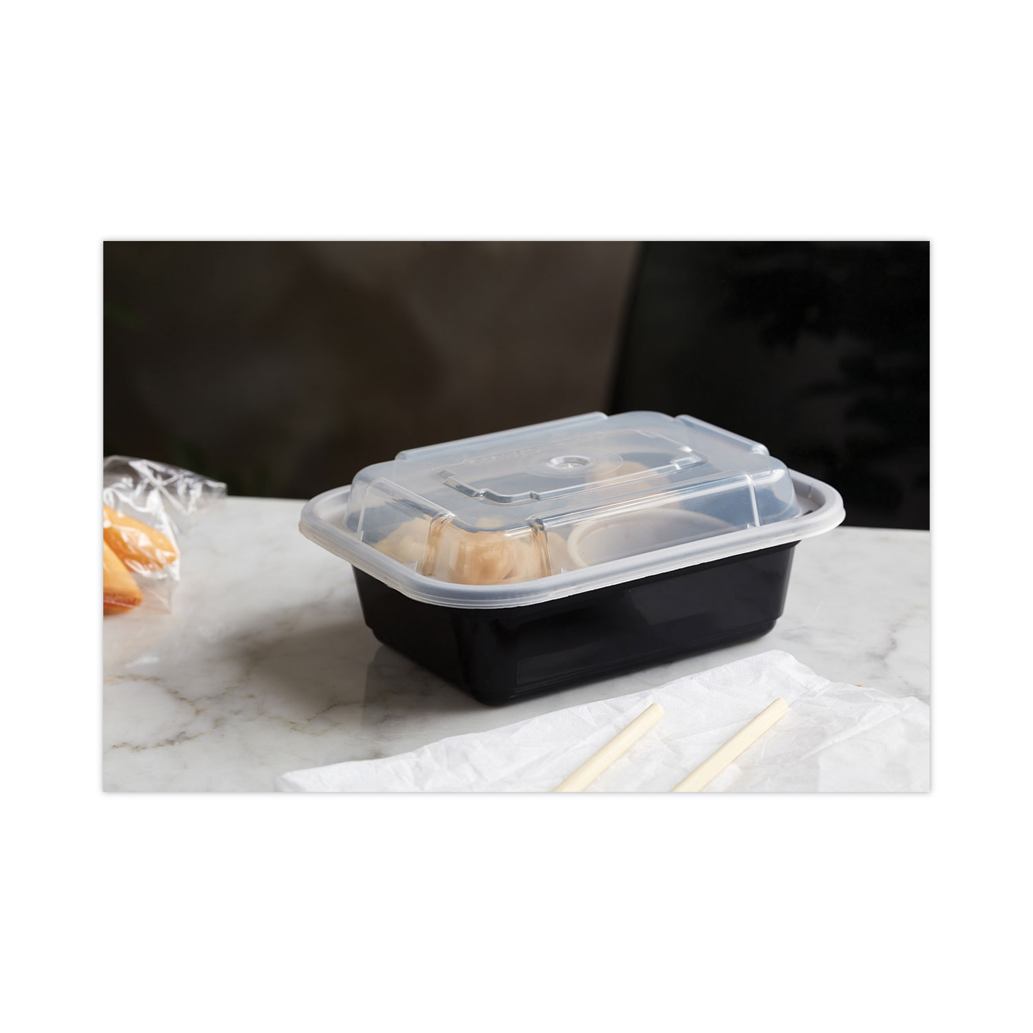 Newspring VERSAtainer Microwavable Containers, Rectangular, 2-compartment, 30 oz, 6 x 8.5 x 2.5, Black/Clear, Plastic, 150/CT