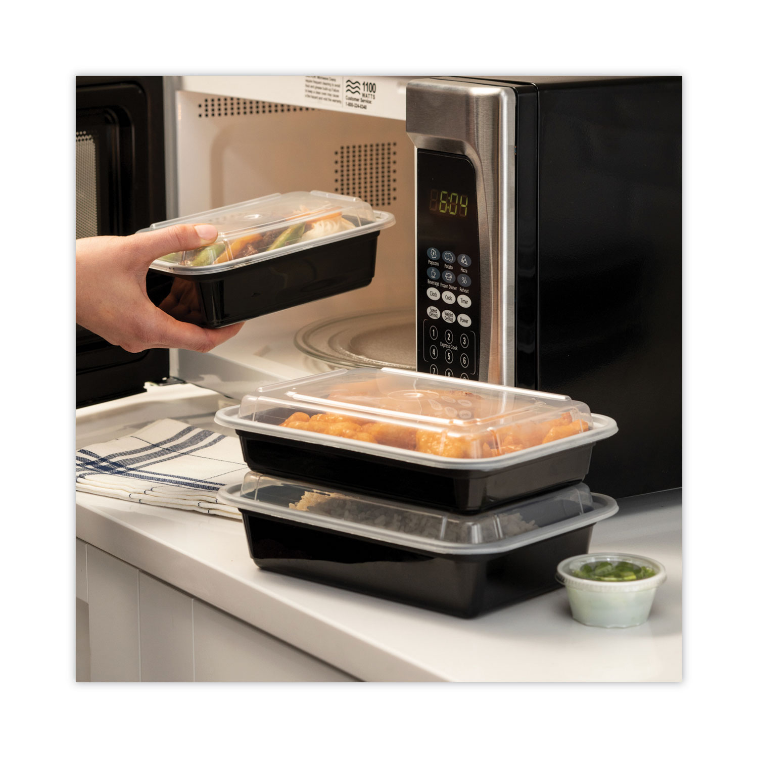 Newspring VERSAtainer Microwavable Containers, Oval, 8 oz, 5.7 x 4 x 1.45, Black/Clear, Plastic, 150/Carton