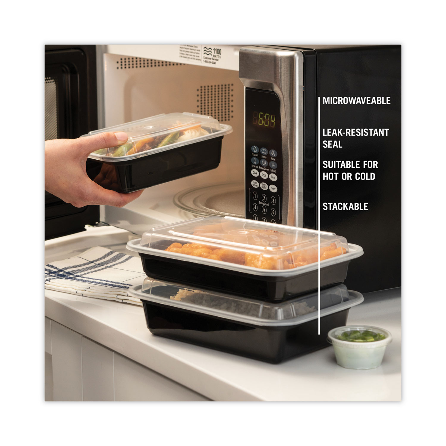 Newspring VERSAtainer Microwavable Containers, Rectangular, 2-compartment, 30 oz, 6 x 8.5 x 2.5, Black/Clear, Plastic, 150/CT