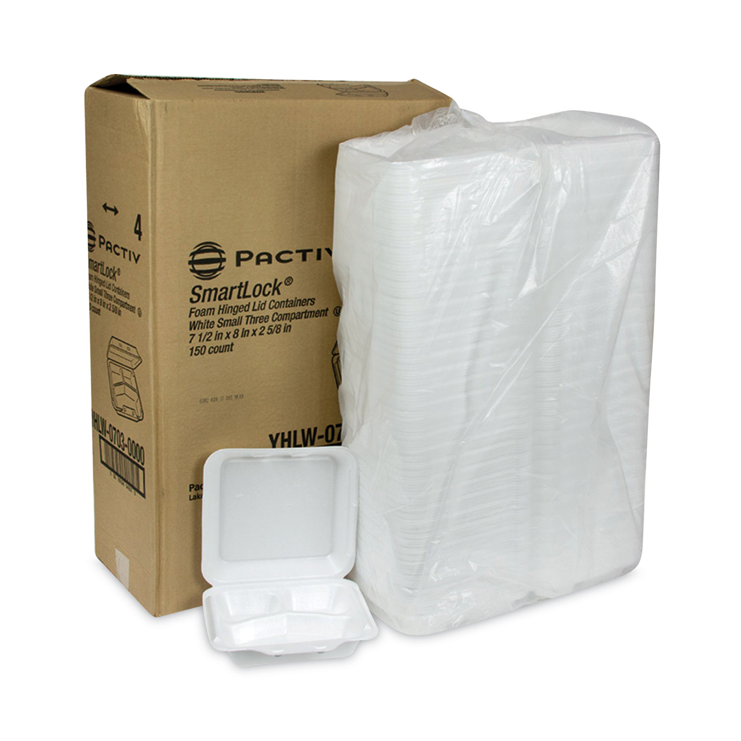 Pactiv SmartLock White Small 3 Compartment Foam Hinged Container, 7.5 x 8 x  2.63 inch -- 150 per case