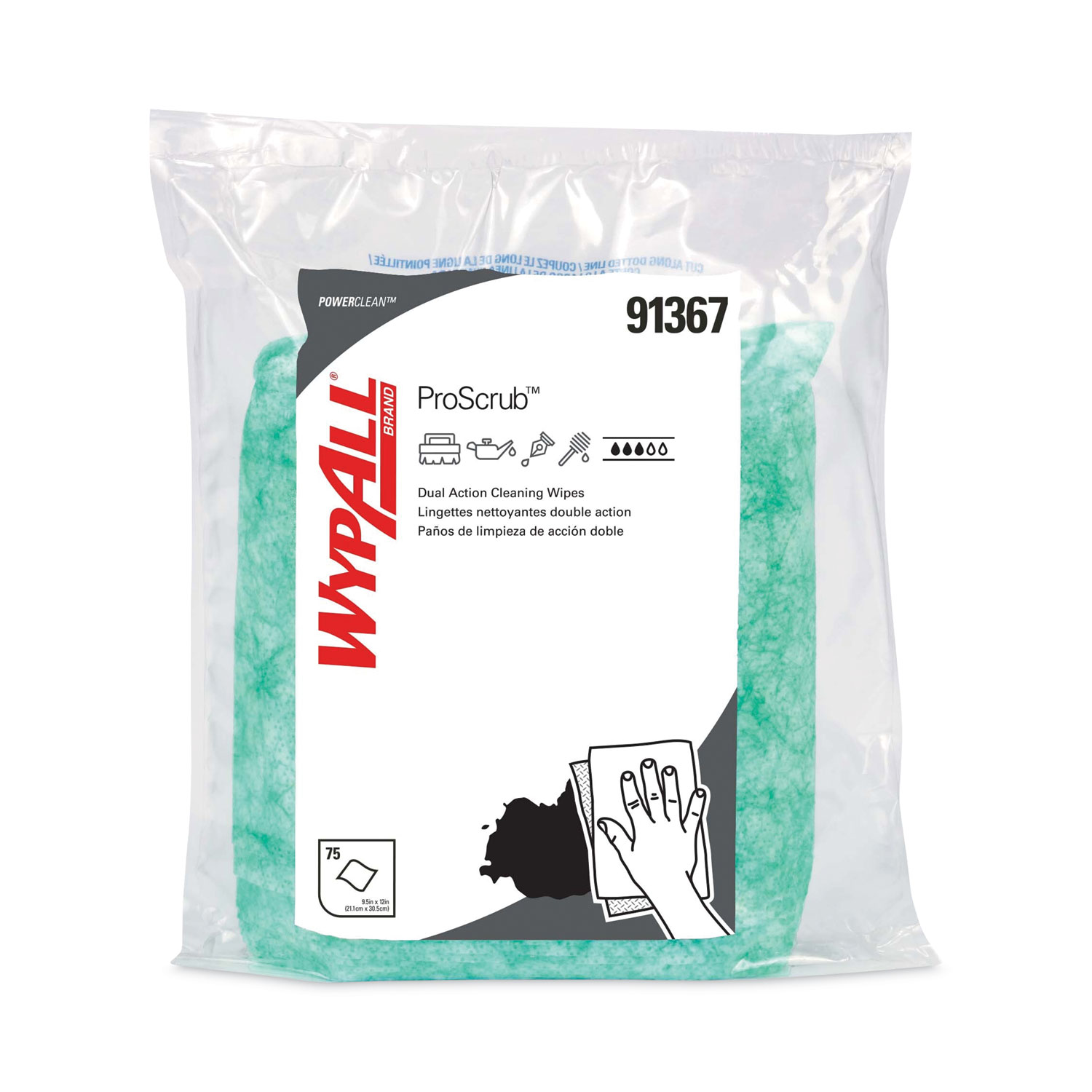 Power Clean ProScrub Pre-Saturated Wipes, 12 x 9.5, Citrus Scent, Green, 75/Pack