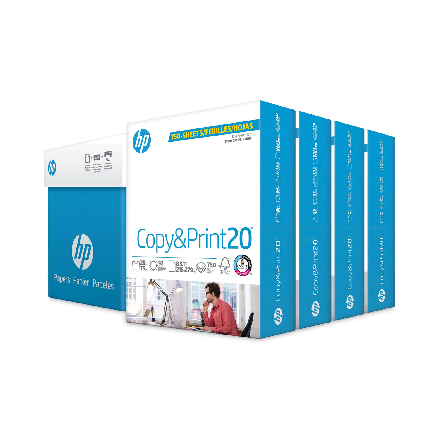 HP Papers CopyandPrint20 Paper, 92 Bright, 20 lb Bond Weight, 8.5 x 11, White, 750 Sheets/Ream, 4 Reams/Carton