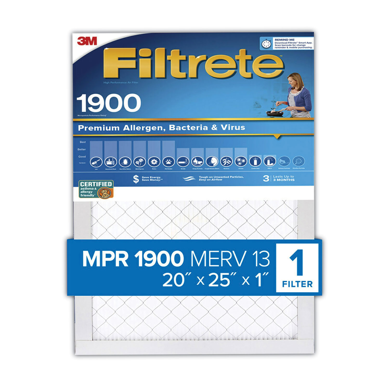 Premium Allergen, Bacteria and Virus Air Filter, MERV 13, MPR 1900, 20 x 25