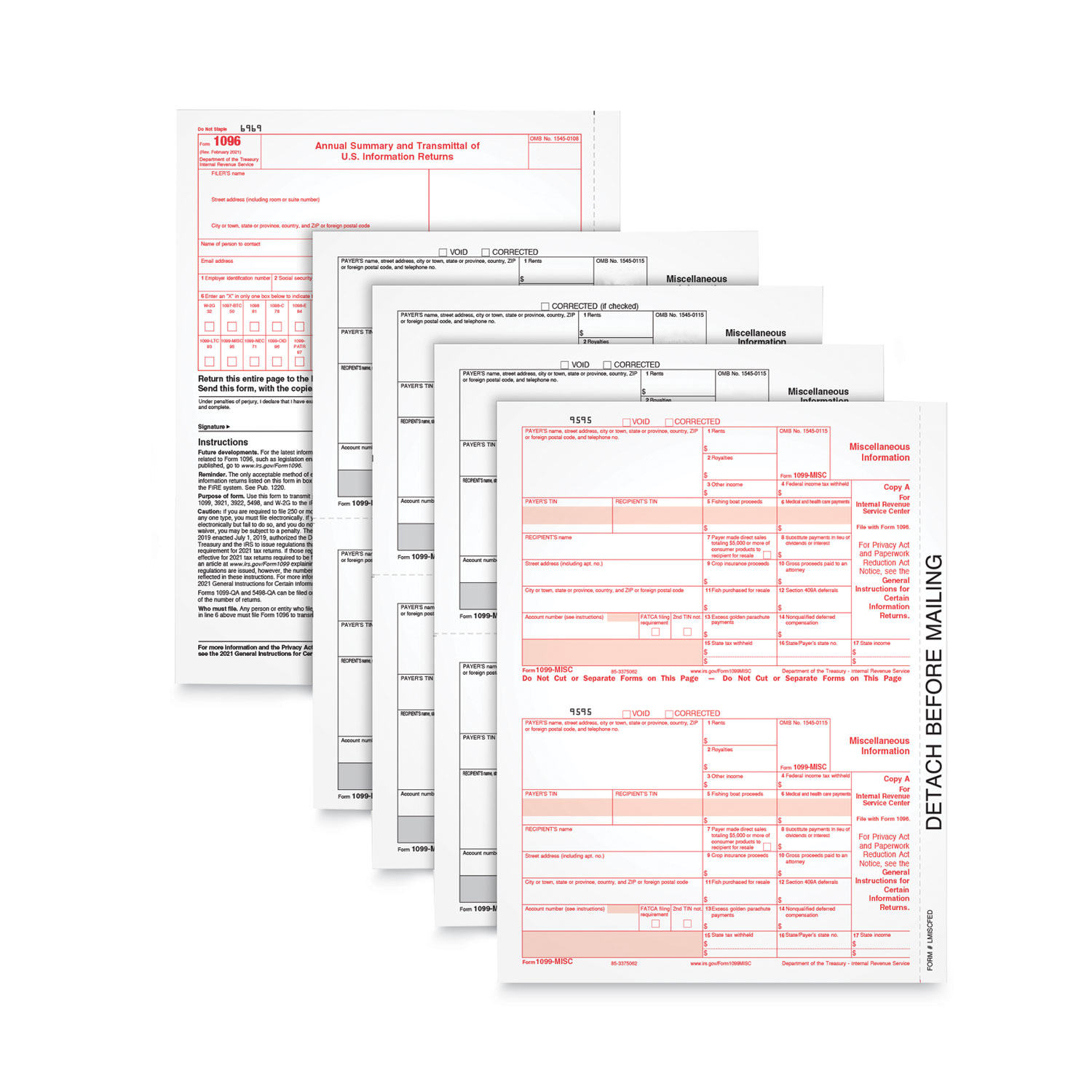 1099-MISC Tax Forms Kit, Fiscal Year: 2021, Five-Part Carbonless, 8.5 x 5.5, 2 Forms/Sheet, 50 Forms Total