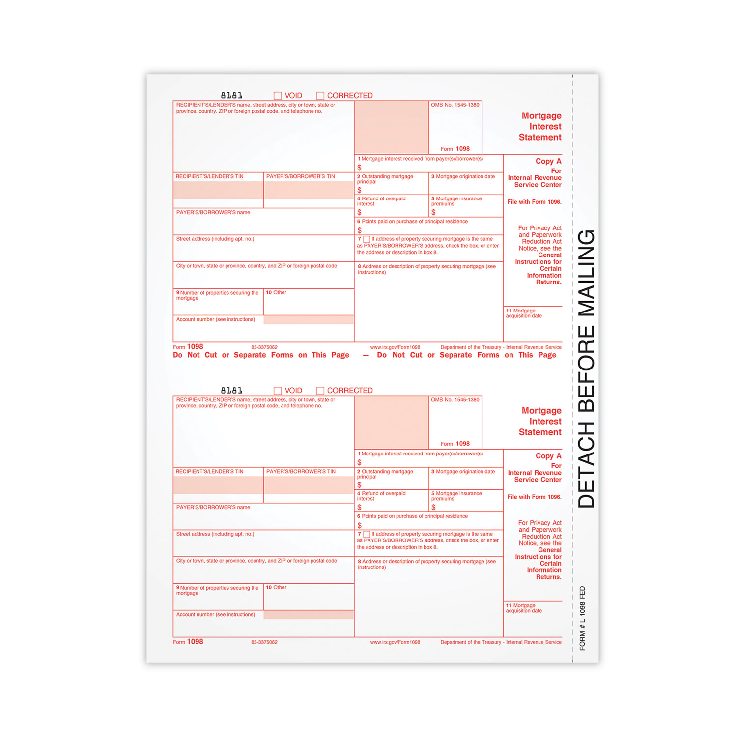 1098 Mortgage Interest Tax Form, Fiscal Year: 2021, One-Part (No Copies), 8 x 5.5, 2 Forms/Sheet, 50 Forms Total