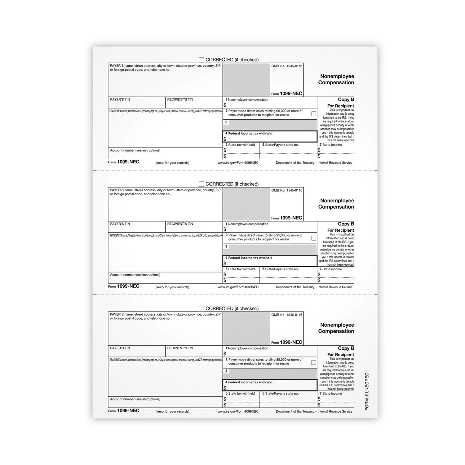 1099-NEC Tax Forms, Fiscal Year: 2021, One-Part (No Copies), 8.5 x 3.67, 3 Forms/Sheet, 50 Forms Total