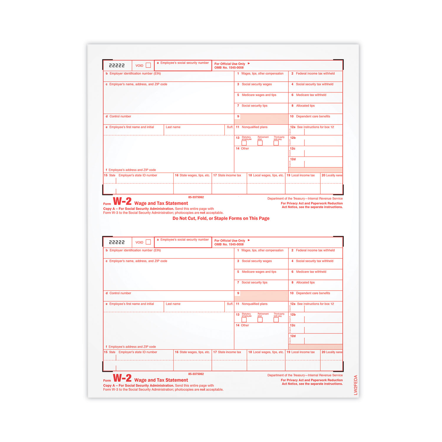 Single-Part W-2 Tax Form, Copy A, Fiscal Year: 2021, One-Part (No Copies), 8.5 x 5.5, 2 Forms/Sheet, 100 Forms Total