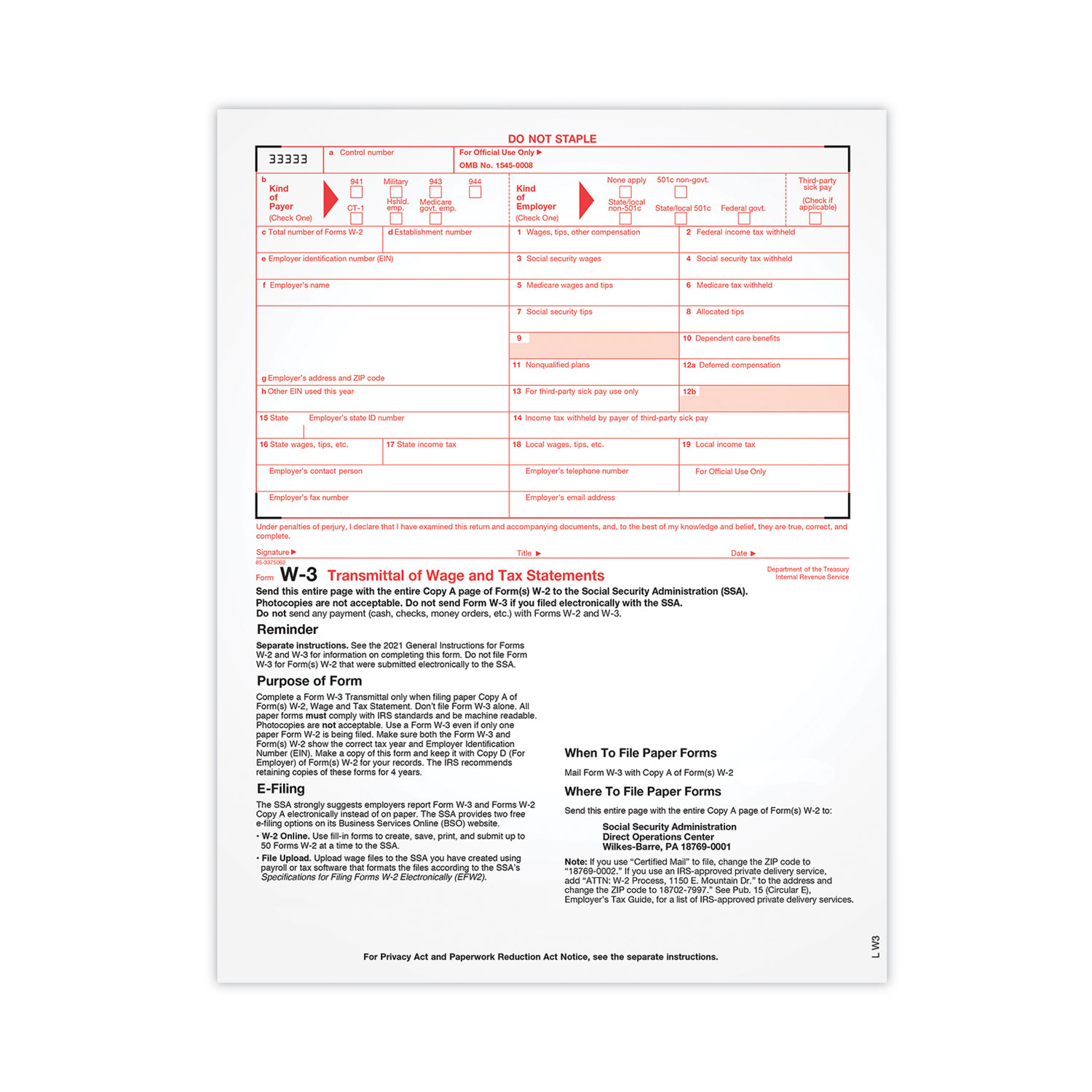W-3 Tax Form, Fiscal Year: 2021, One-Part (No Copies), 8.5 x 11, 25 Forms Total